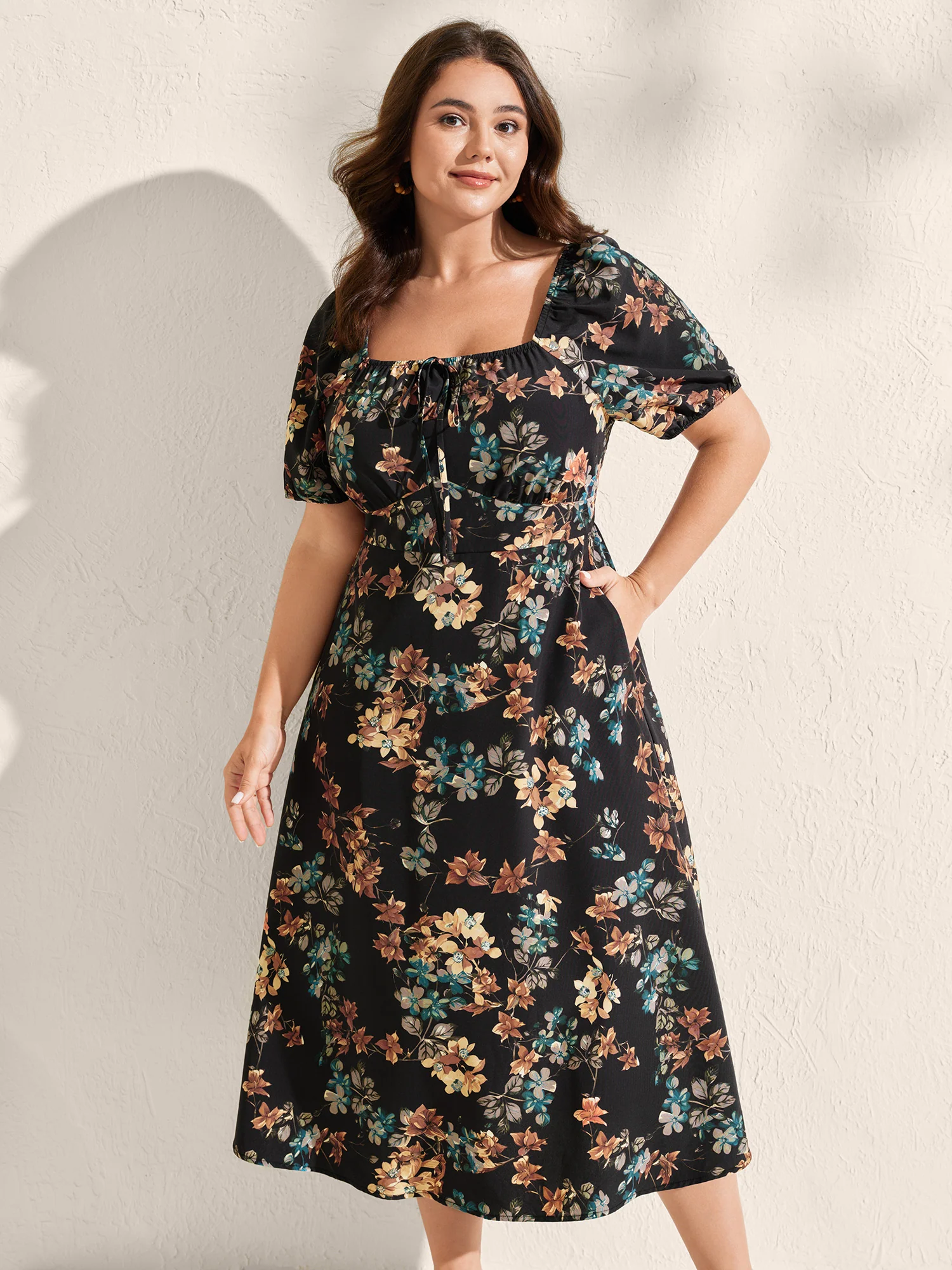 Floral Print Bust Ease Pockets Midi Dress