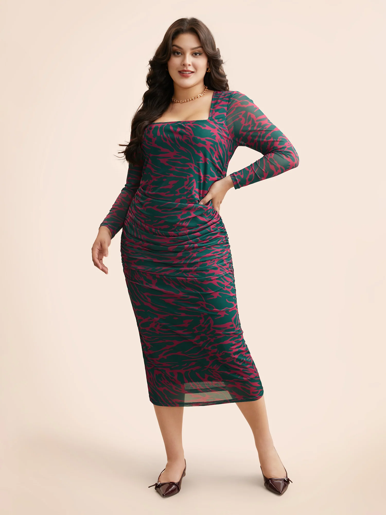 Square Neck Geometric Mesh Ruched Dress