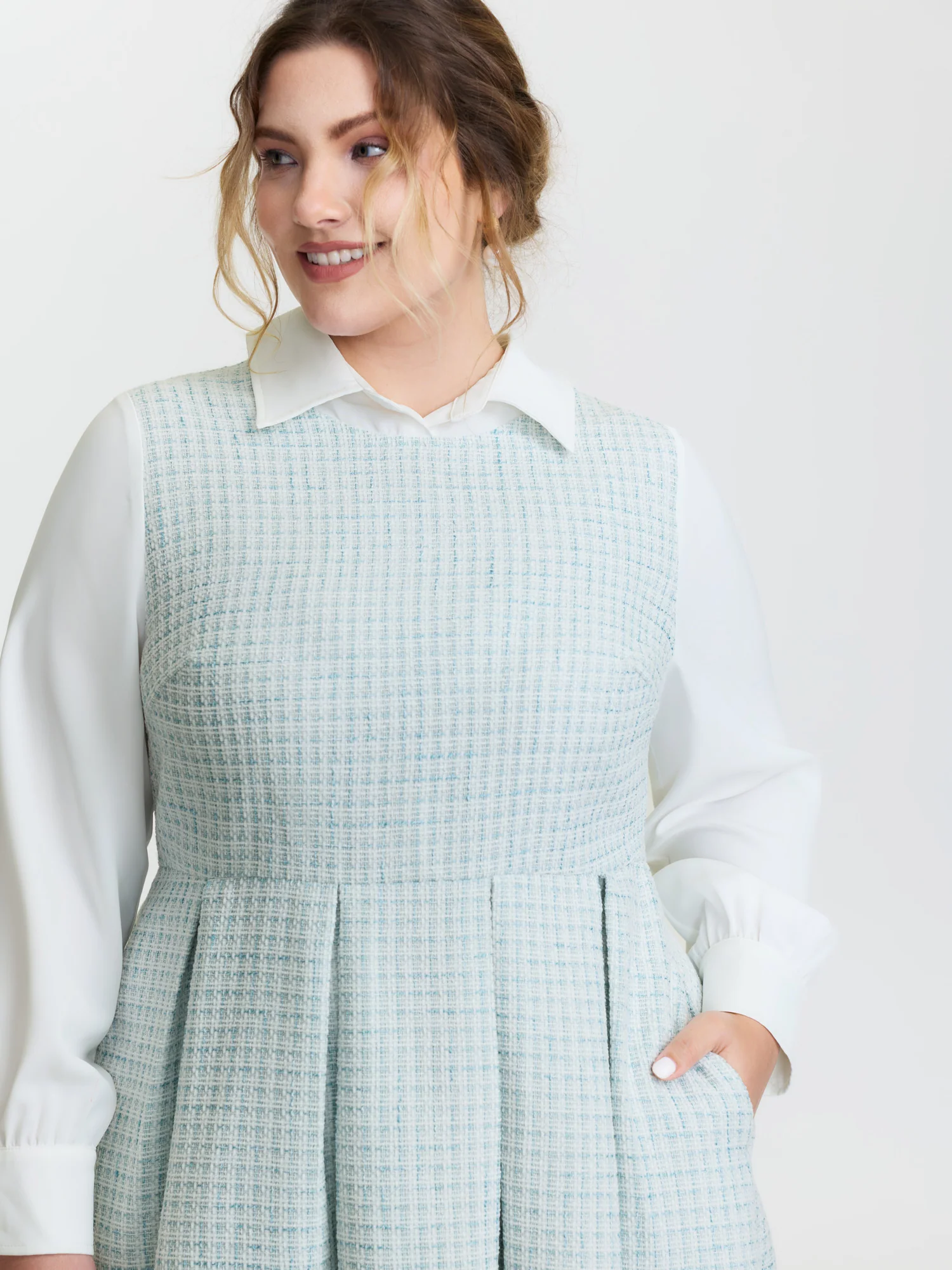 Tweed Colorblock Pleated Midi Dress