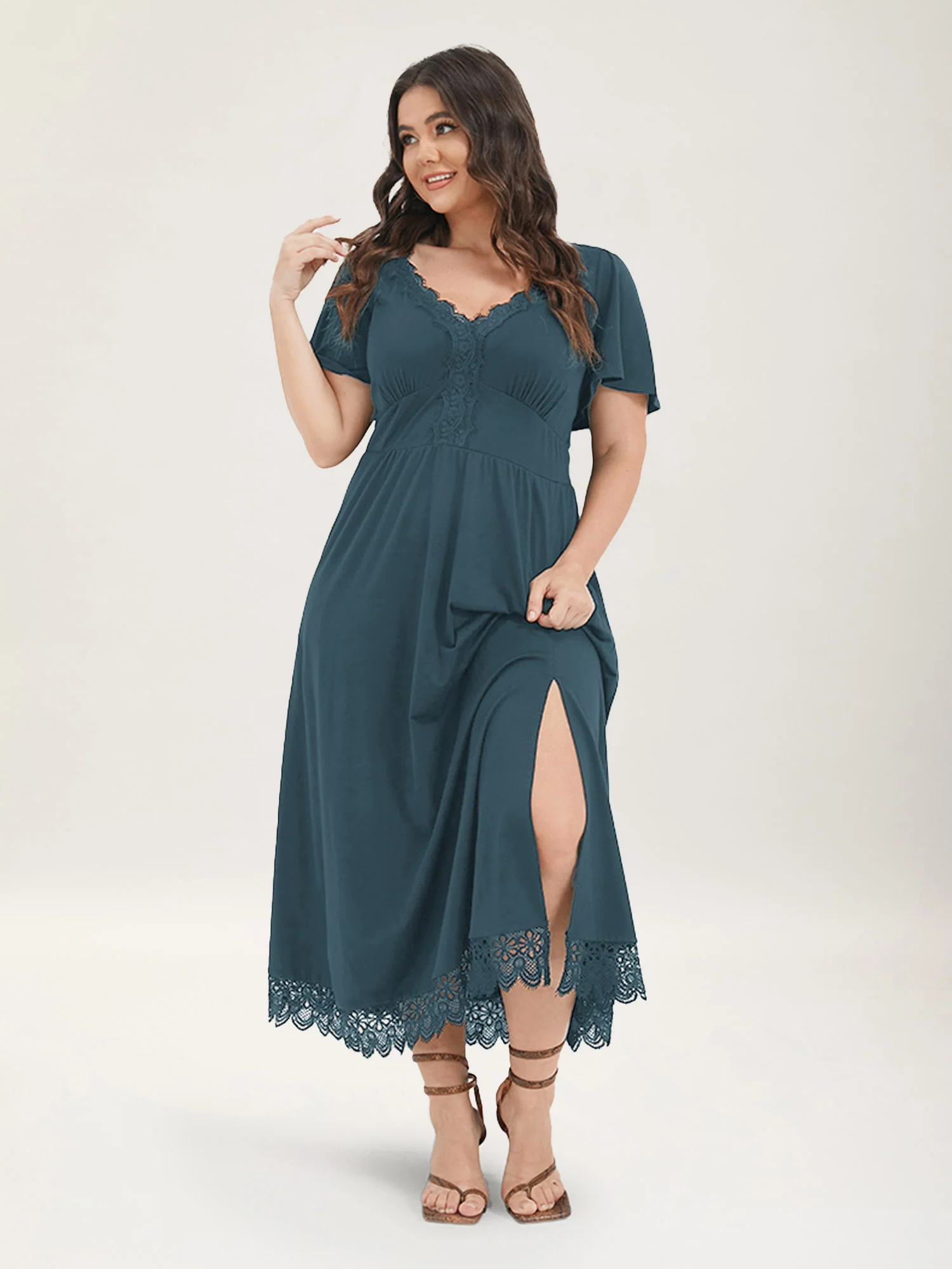 Solid Pocket Contrast Lace Split Maxi Dress