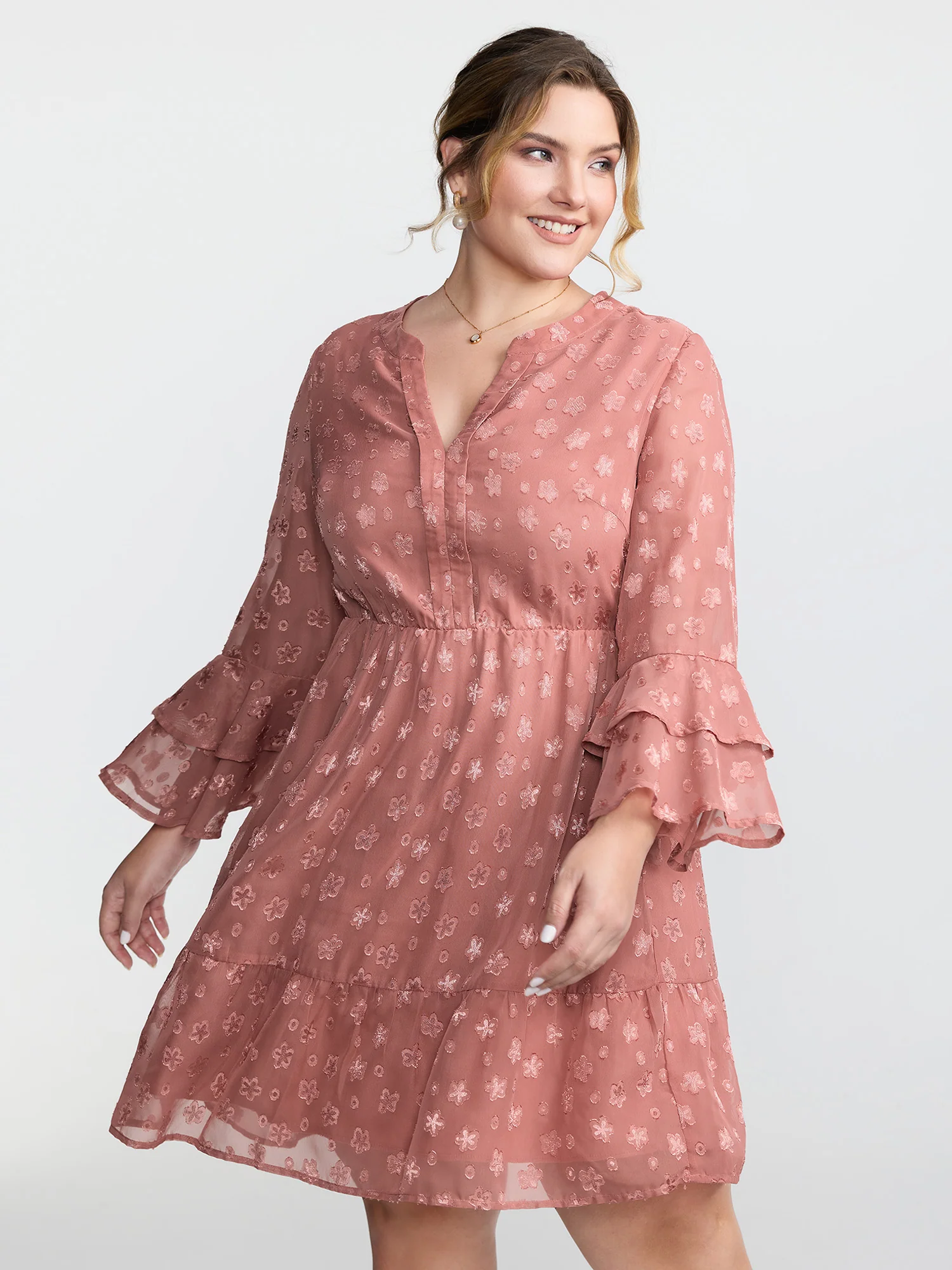 Floral Textured Layered Sleeve Sheer Mini Dress