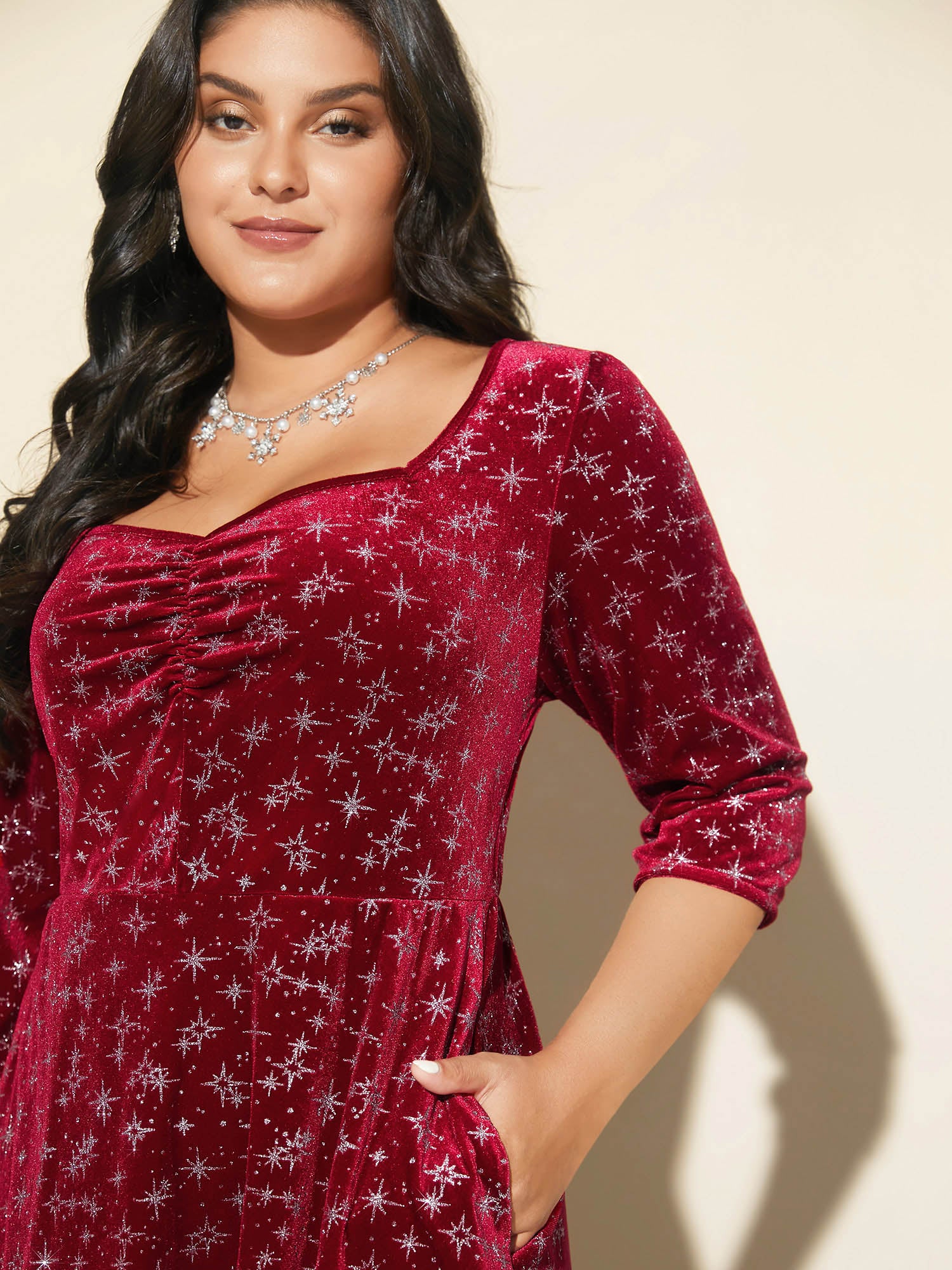 Embossed Velvet Sweetheart Neckline Midi Dress