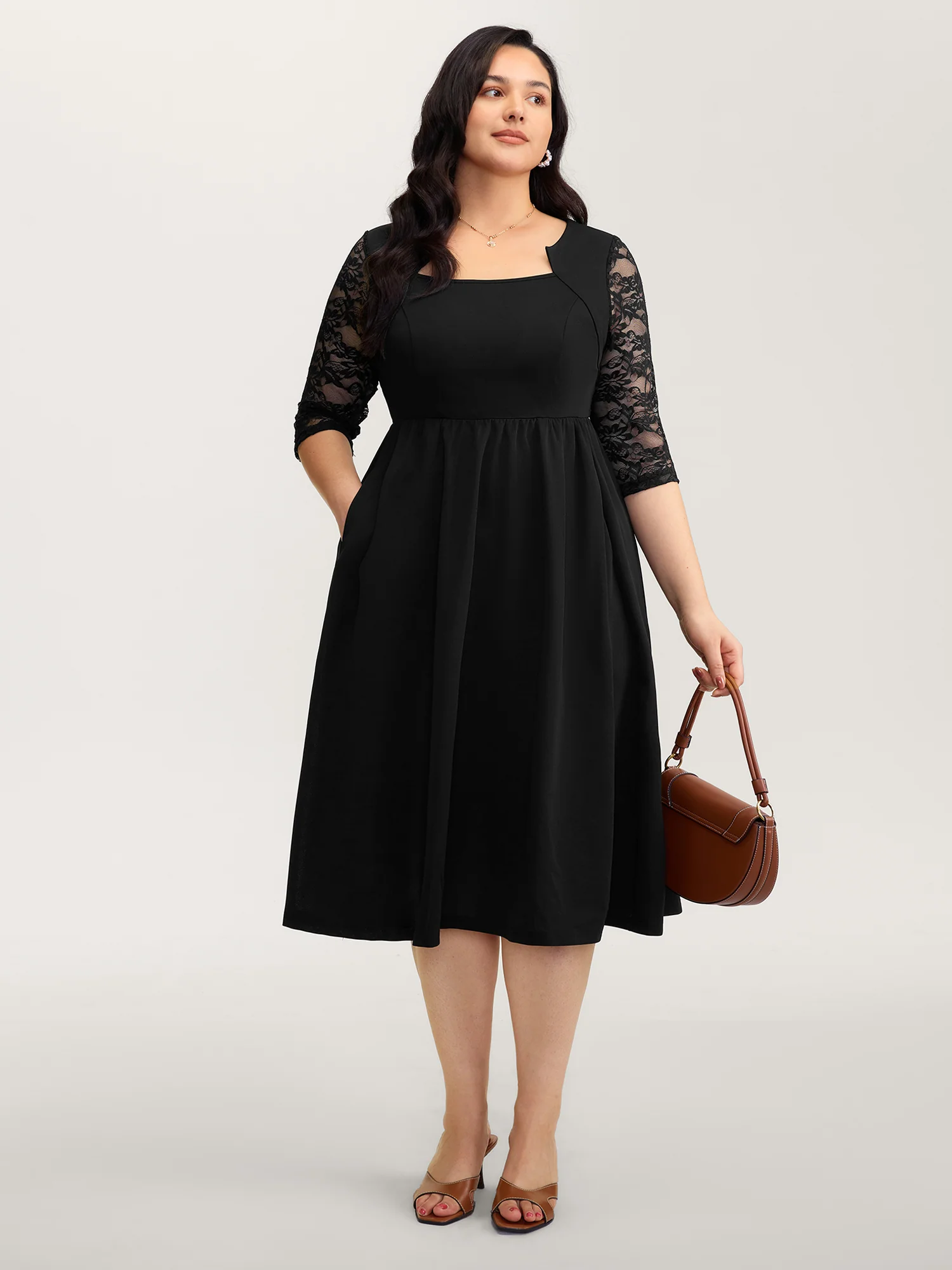 Stretchy Sheer Sleeve Cinched-Waist Midi Dress