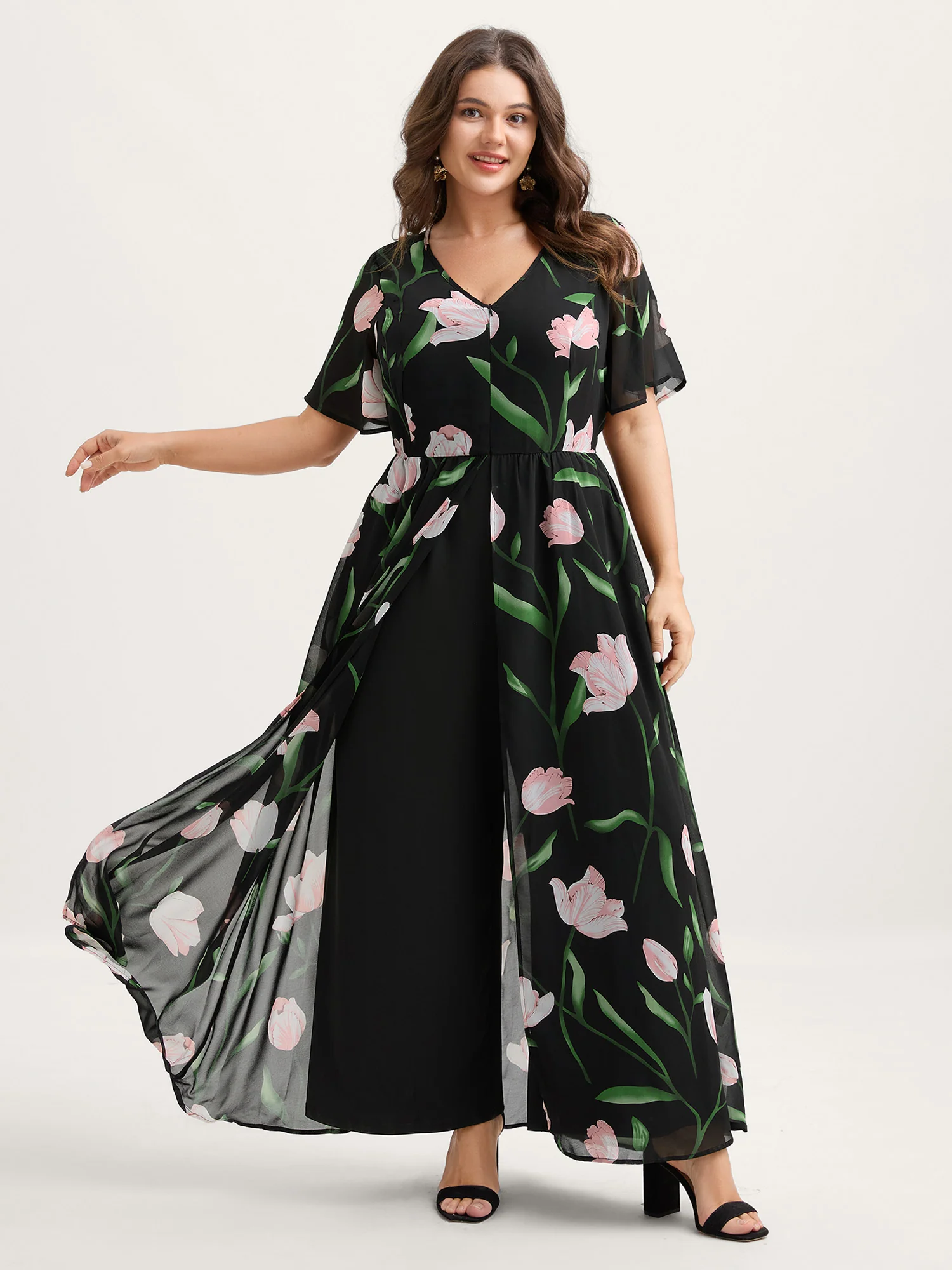 Hidden Zipper Floral Layered Pockets Jumpsuit