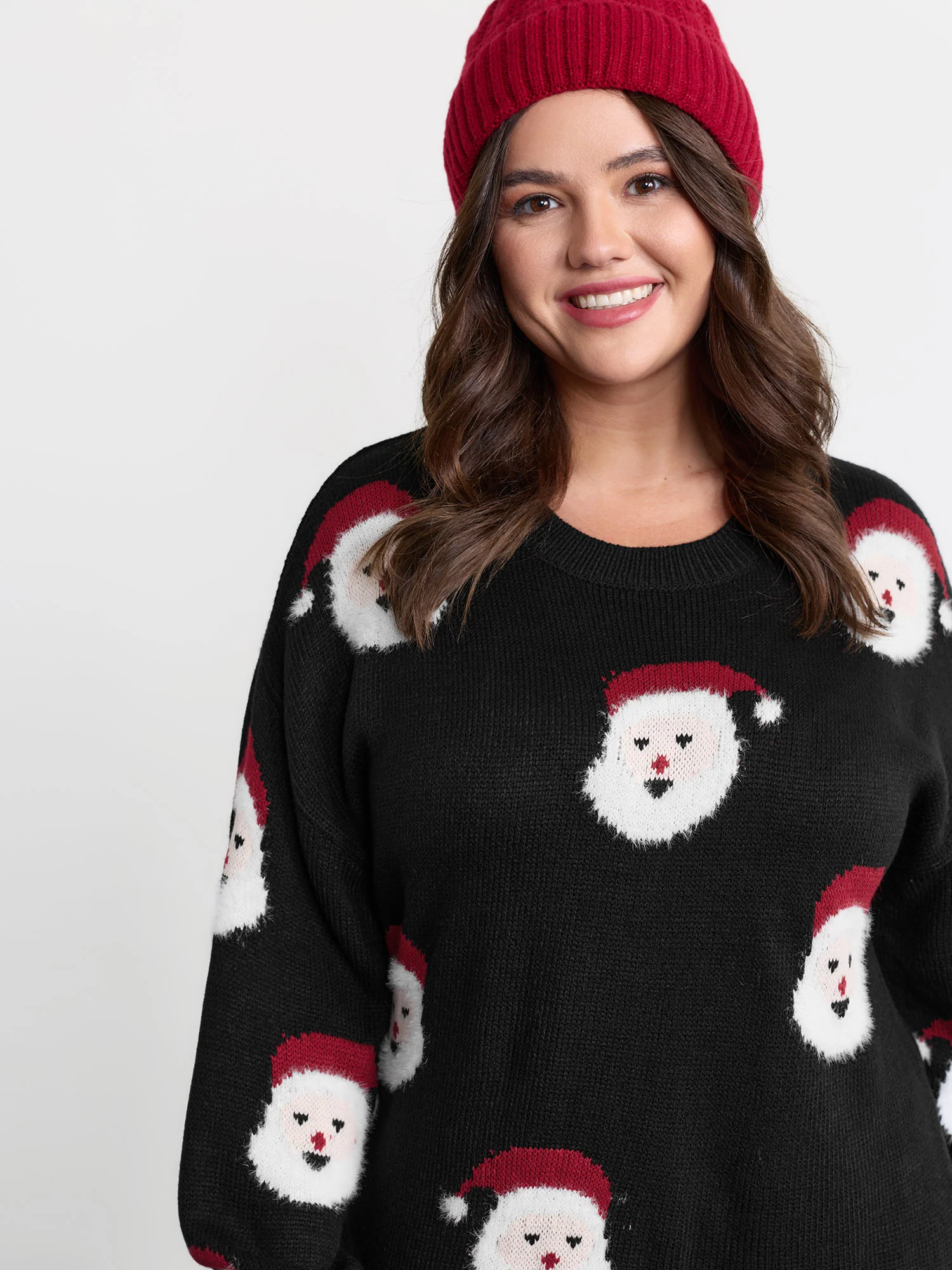 Santa Claus Print Embroidered Textured Sweater Dress