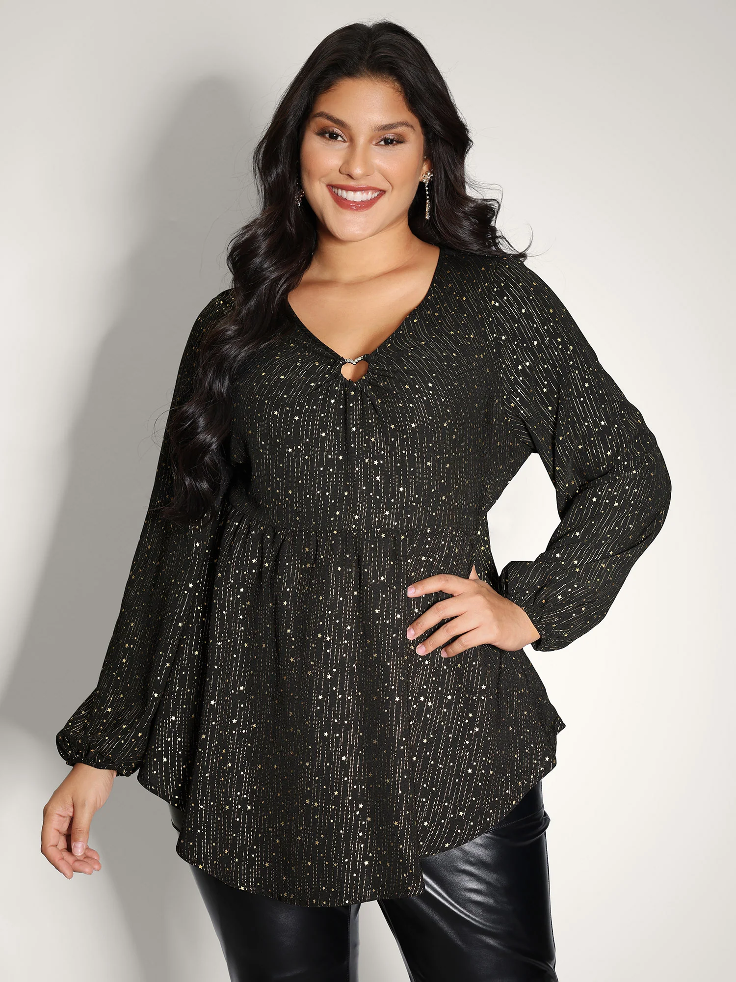 Gold Stamp Ruched Neckline Flowy Blouse