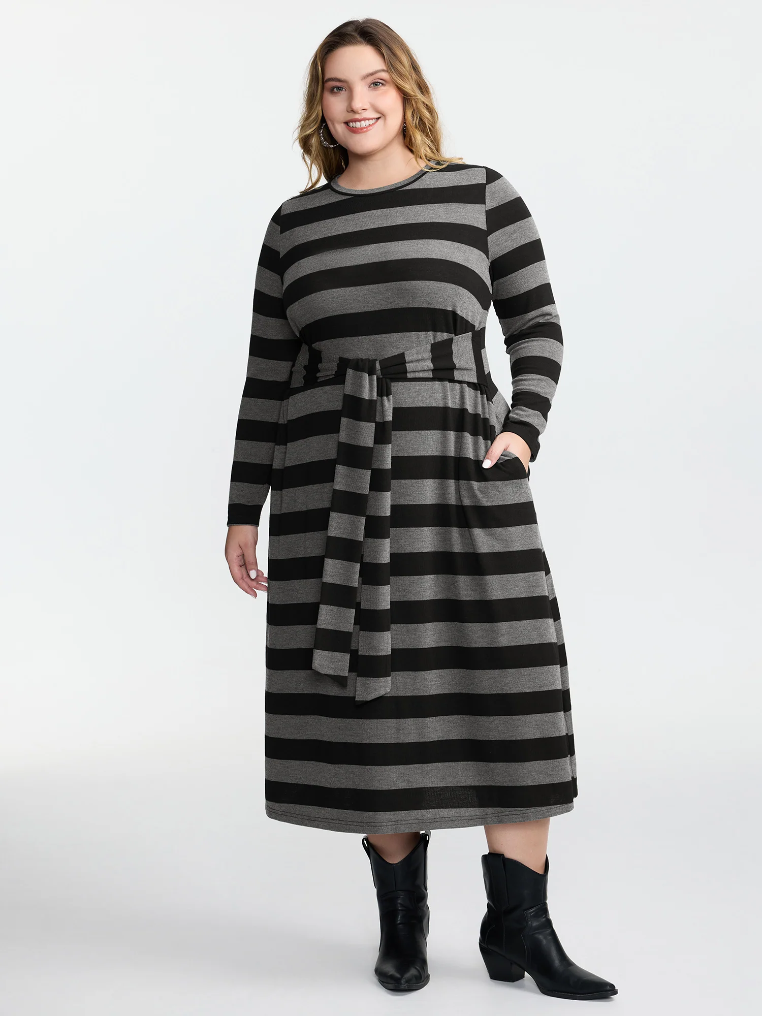 Stripe Waist-Tie Knotted Midi Dress