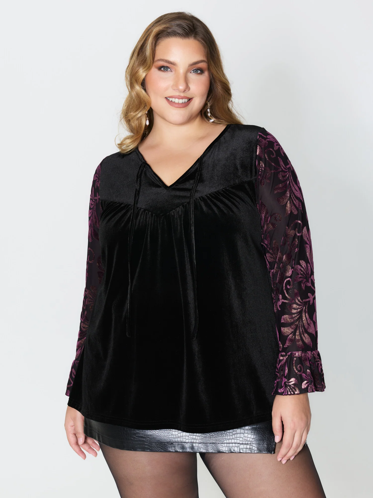 Velvet Cut-Out Neck Spliced Knit Top