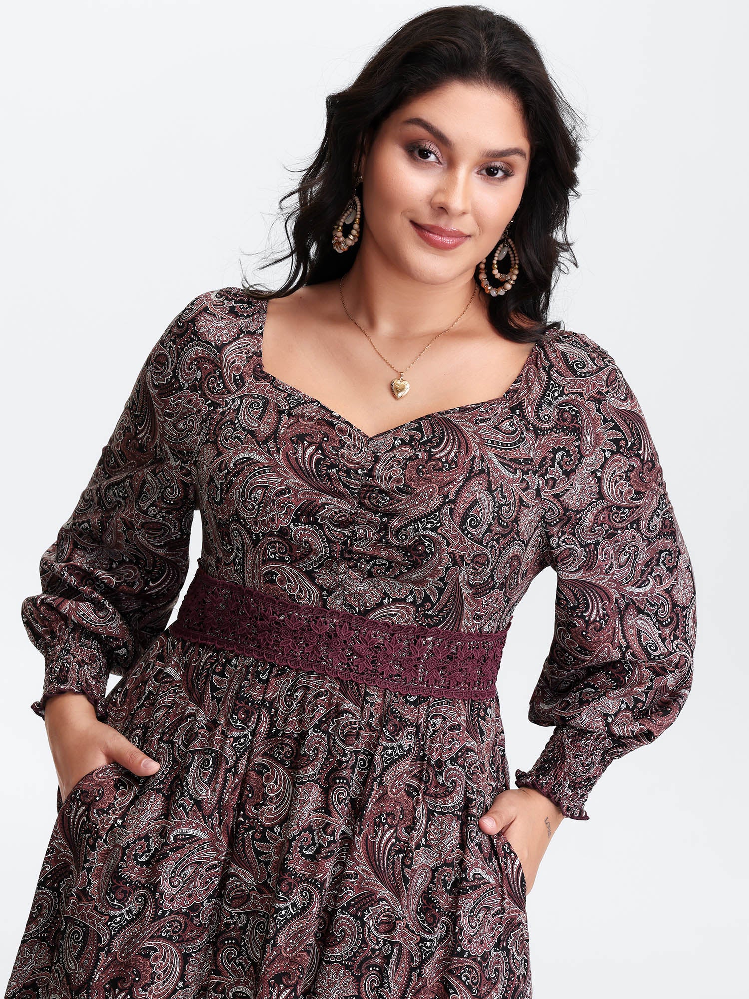 Paisley Print Lace Patchwork Midi Dress