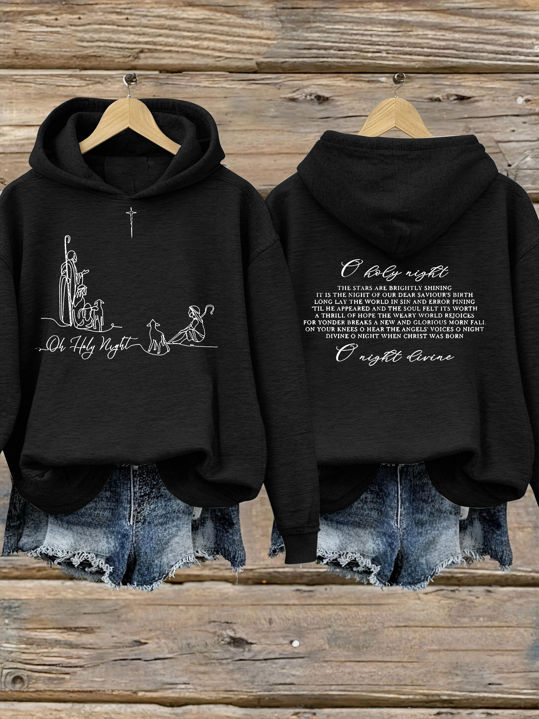Women's Oh Holy Night Art Print Crew Neck Hooded Sweatshirt