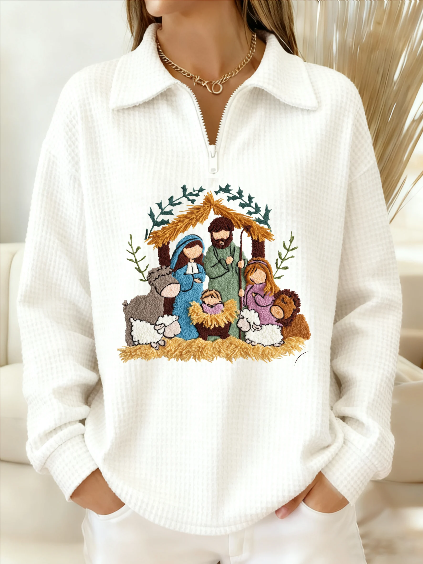 Women's Winter Christmas Faith Print Lapel Top