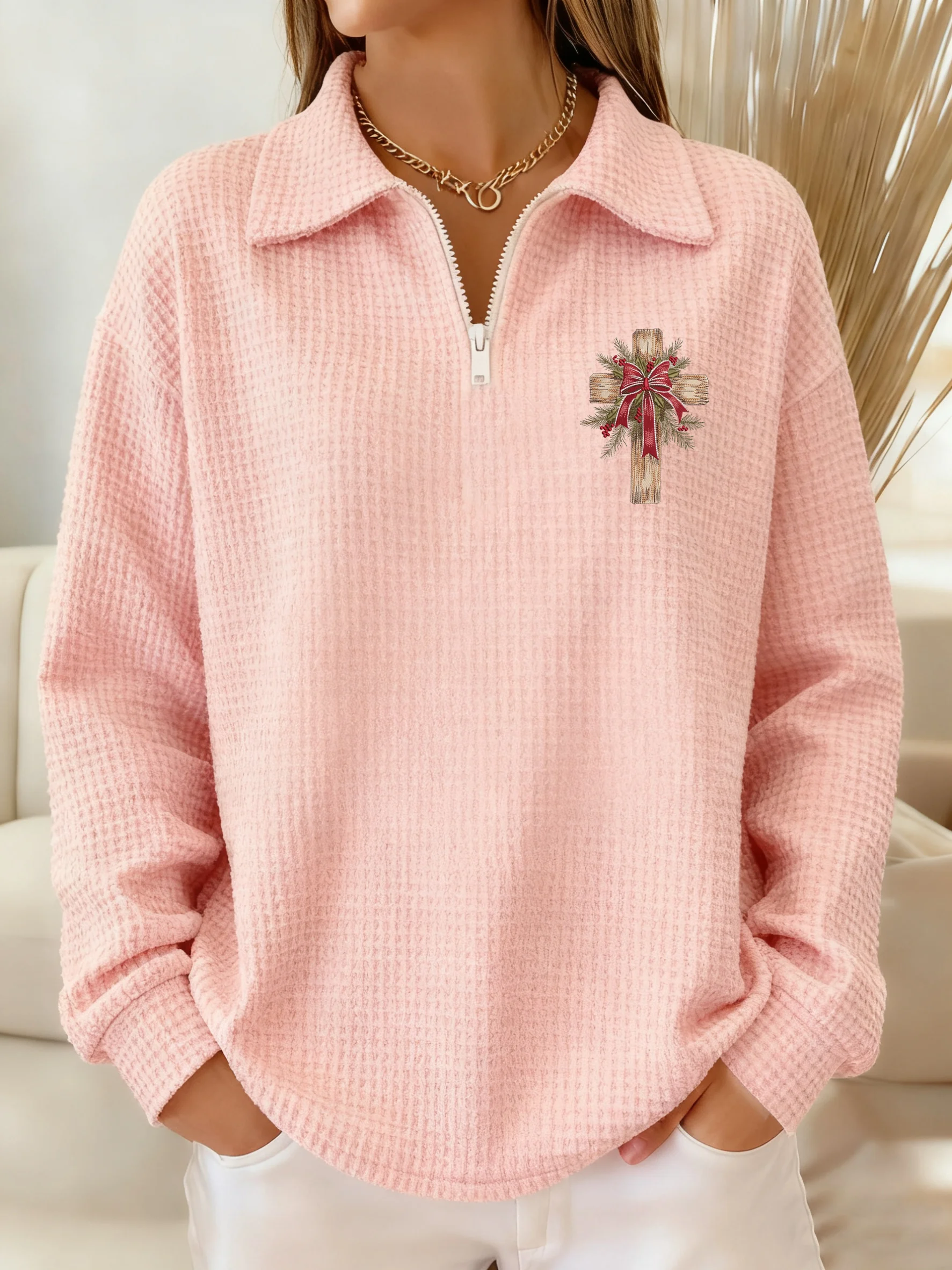 Women's Winter Christmas Faith Print Lapel Top