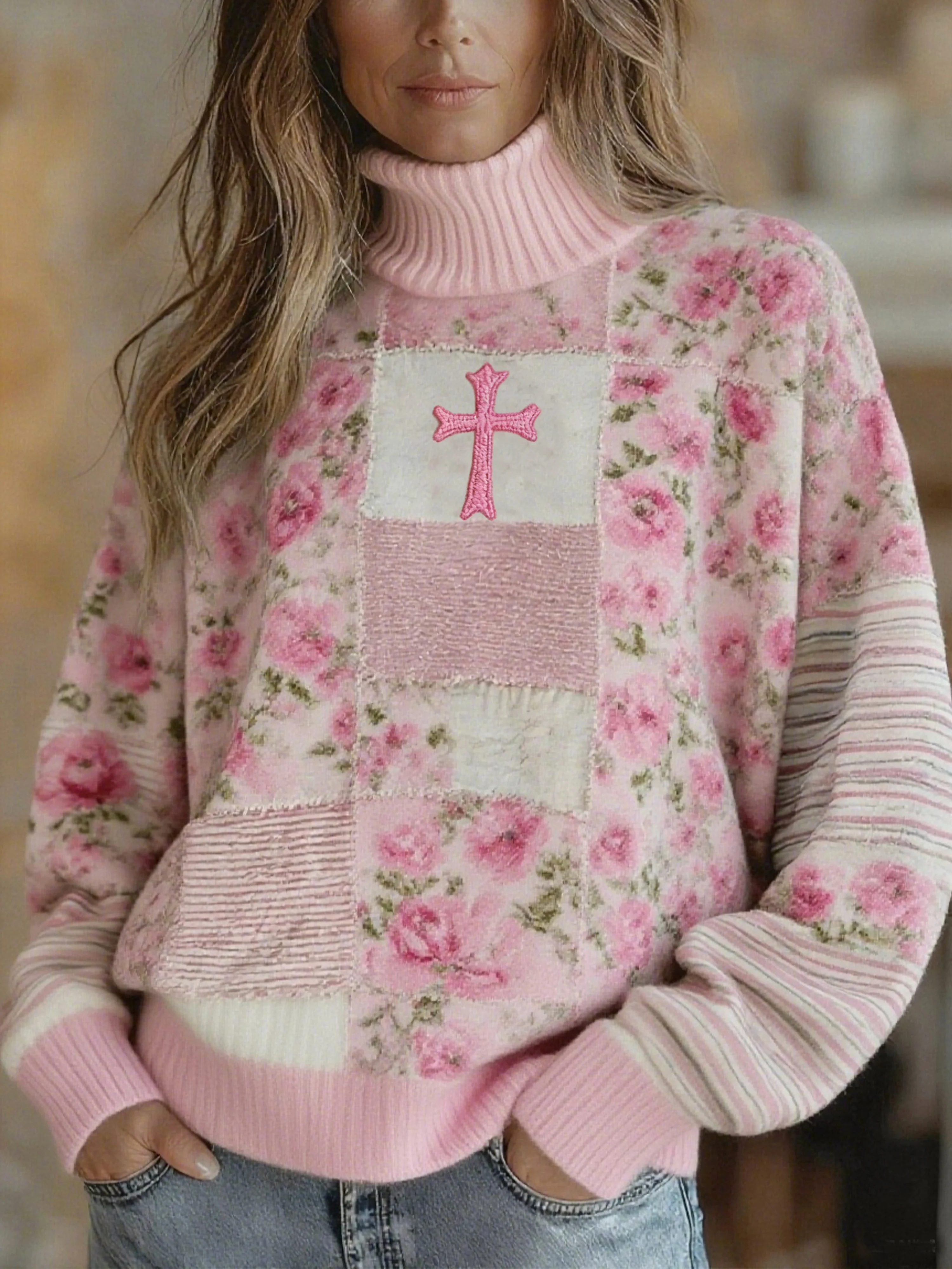 Women's Winter Retro Faith Cross Pink Floral Print Turtleneck Top