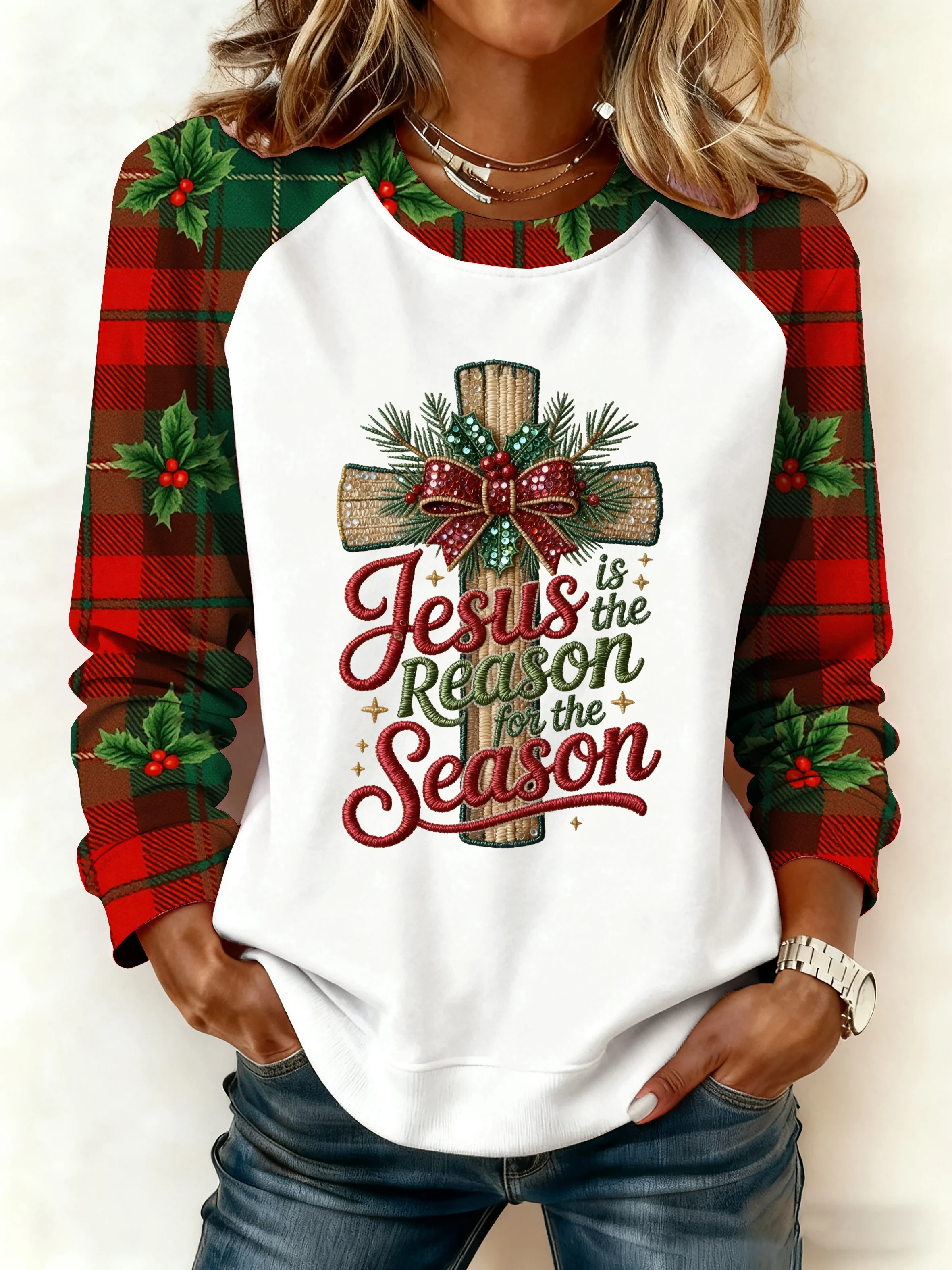 Women's Casual Faith Christmas Contrasting Color Sweatshirt