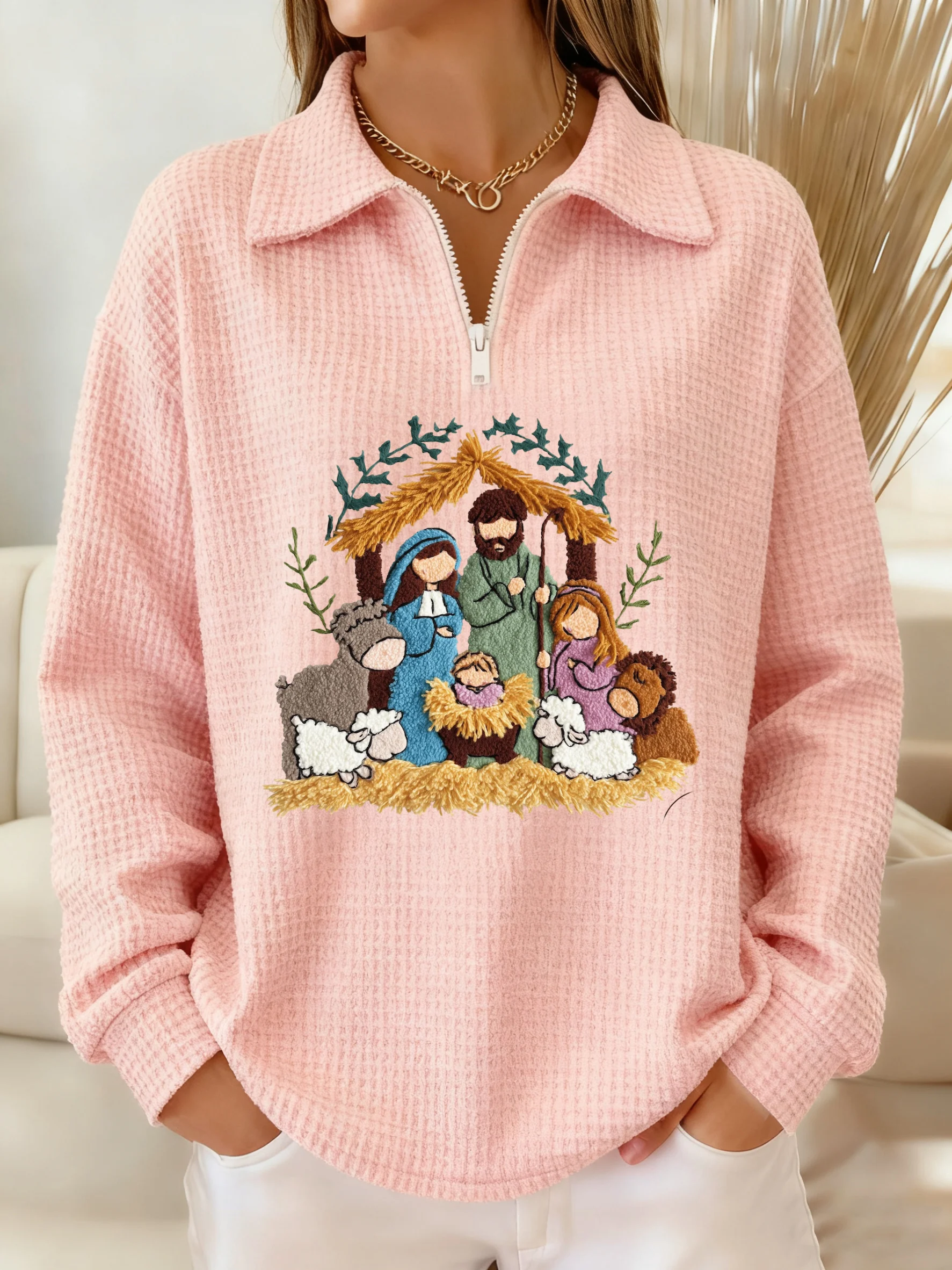 Women's Winter Christmas Faith Print Lapel Top