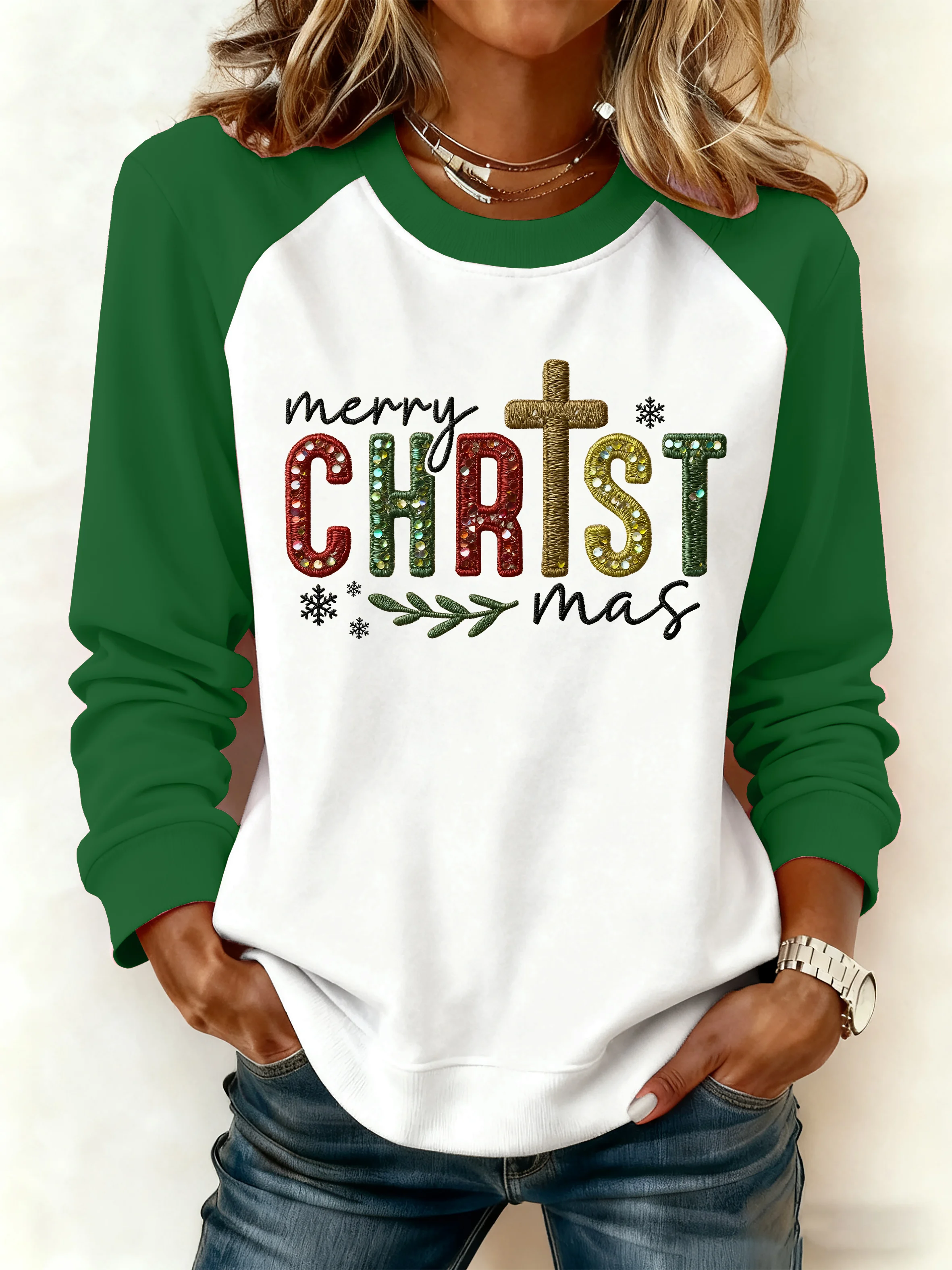 Women's Casual Faith Christmas Contrasting Color Sweatshirt