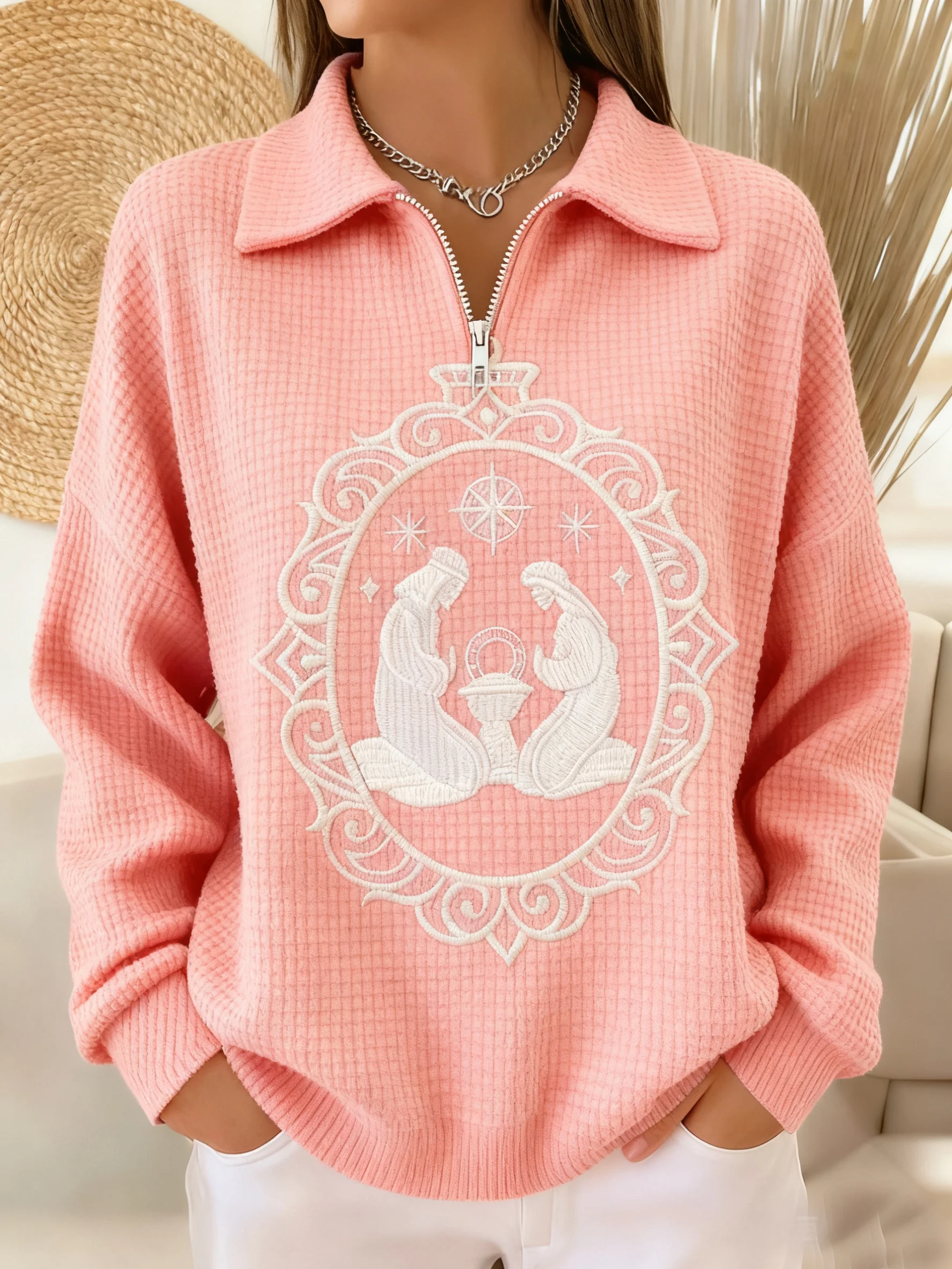 Women's Winter Nativity Print Waffle Lapel Top