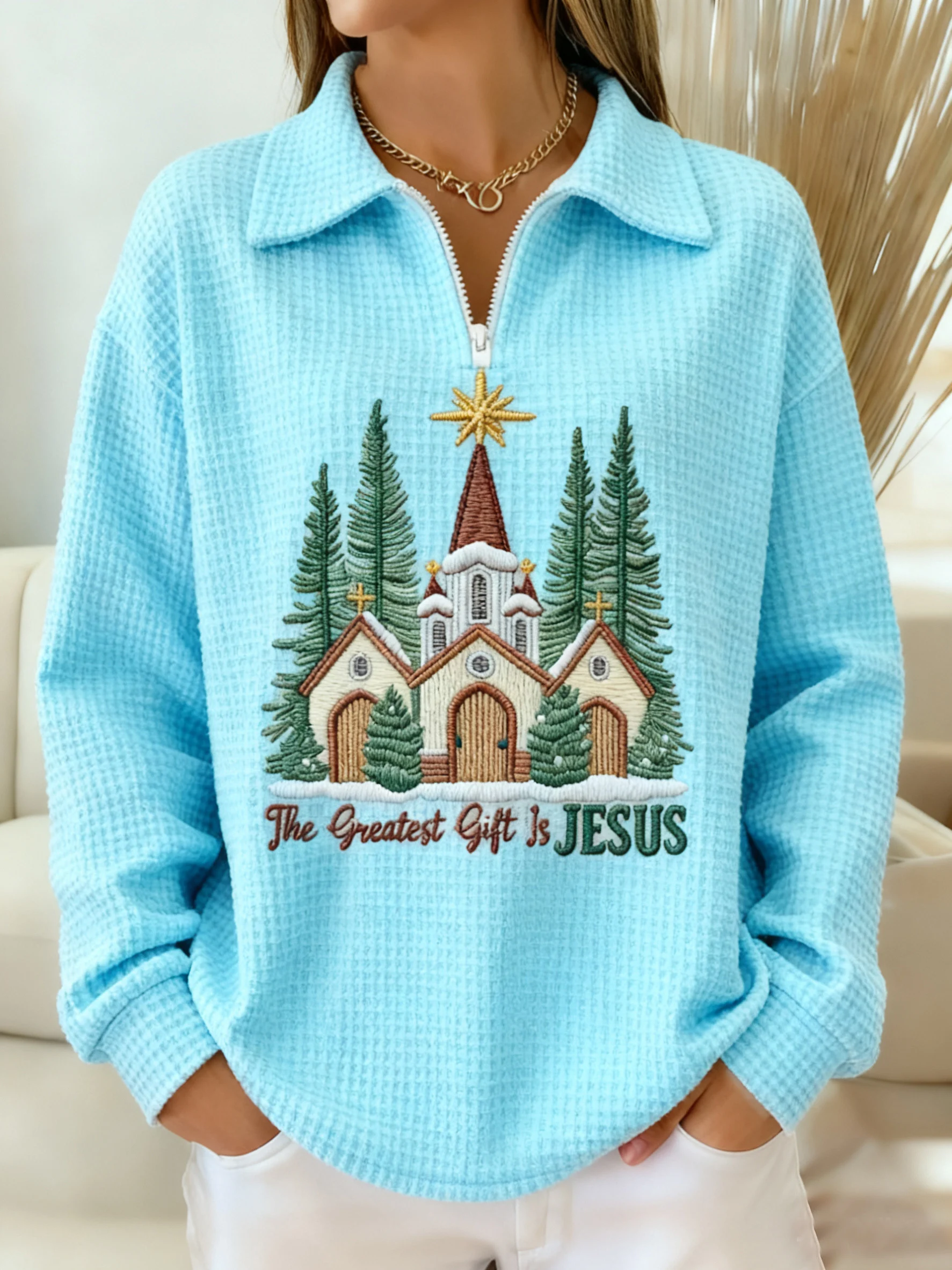 Women's Winter Jesus Print Waffle Lapel Top