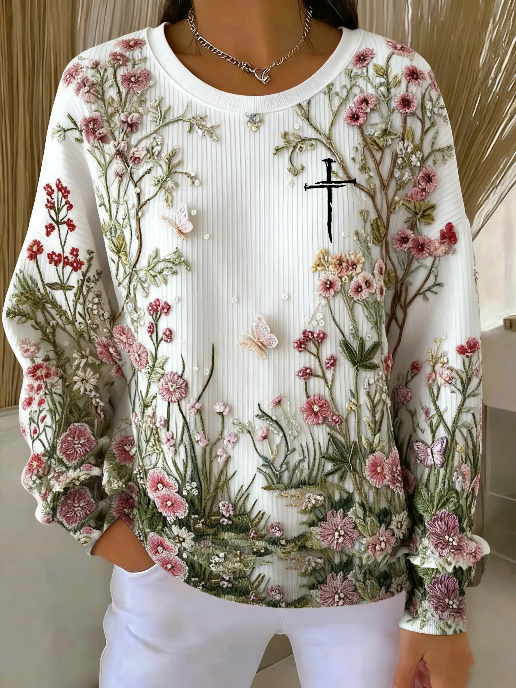 Women's Faith Print Knitted Crew Neck Long Sleeve Top