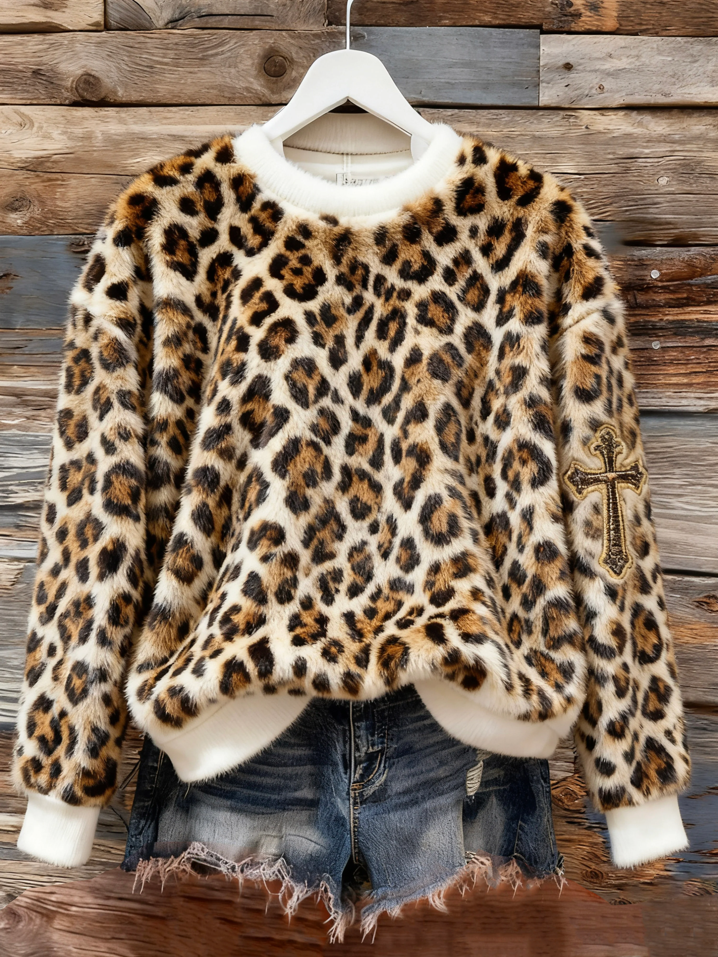 Women's Winter Leopard Cross Print Furry Top