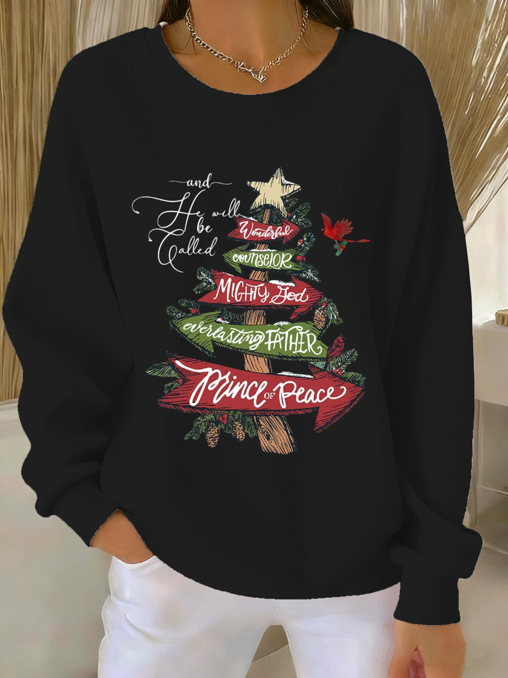 Women's Fall Christmas Faith Printed Crew Neck Top