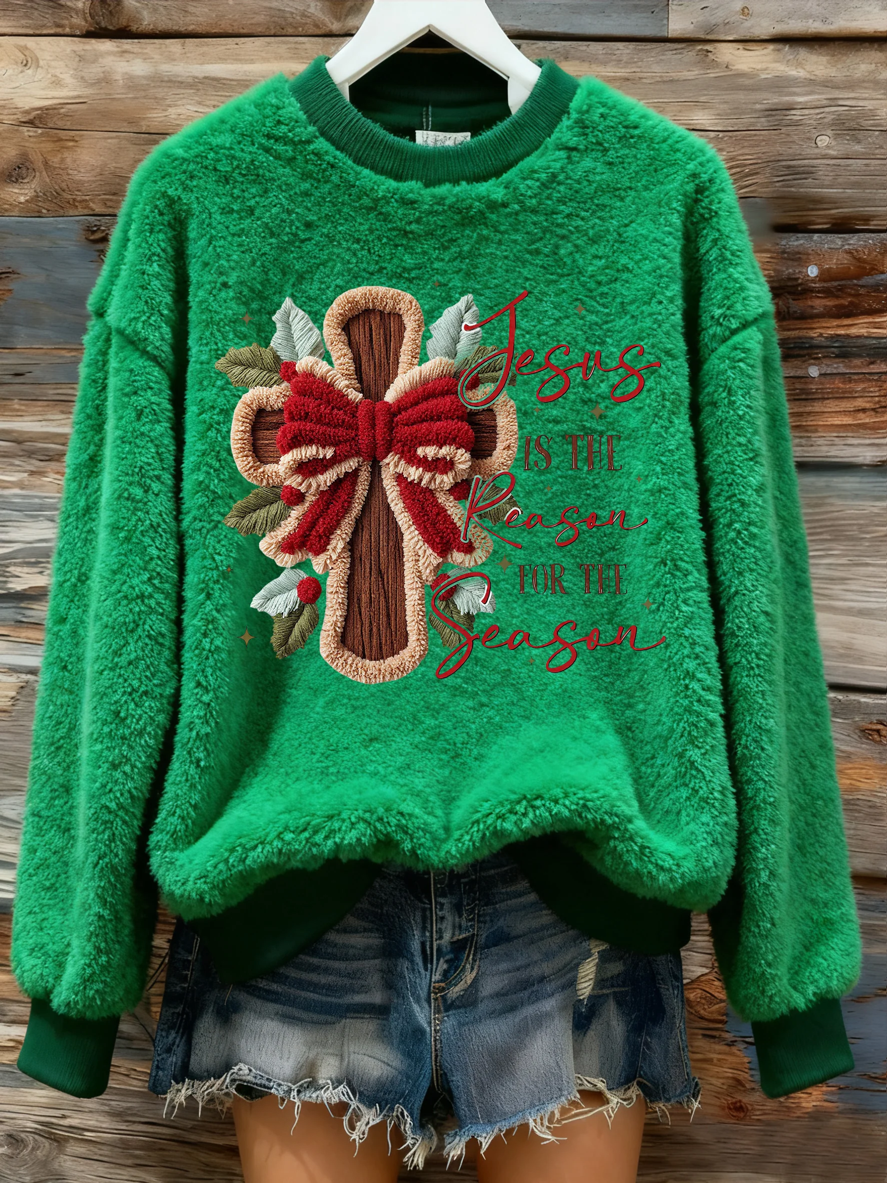 Women's Winter Christmas Cross Print Flannel Crew Neck Furry Top