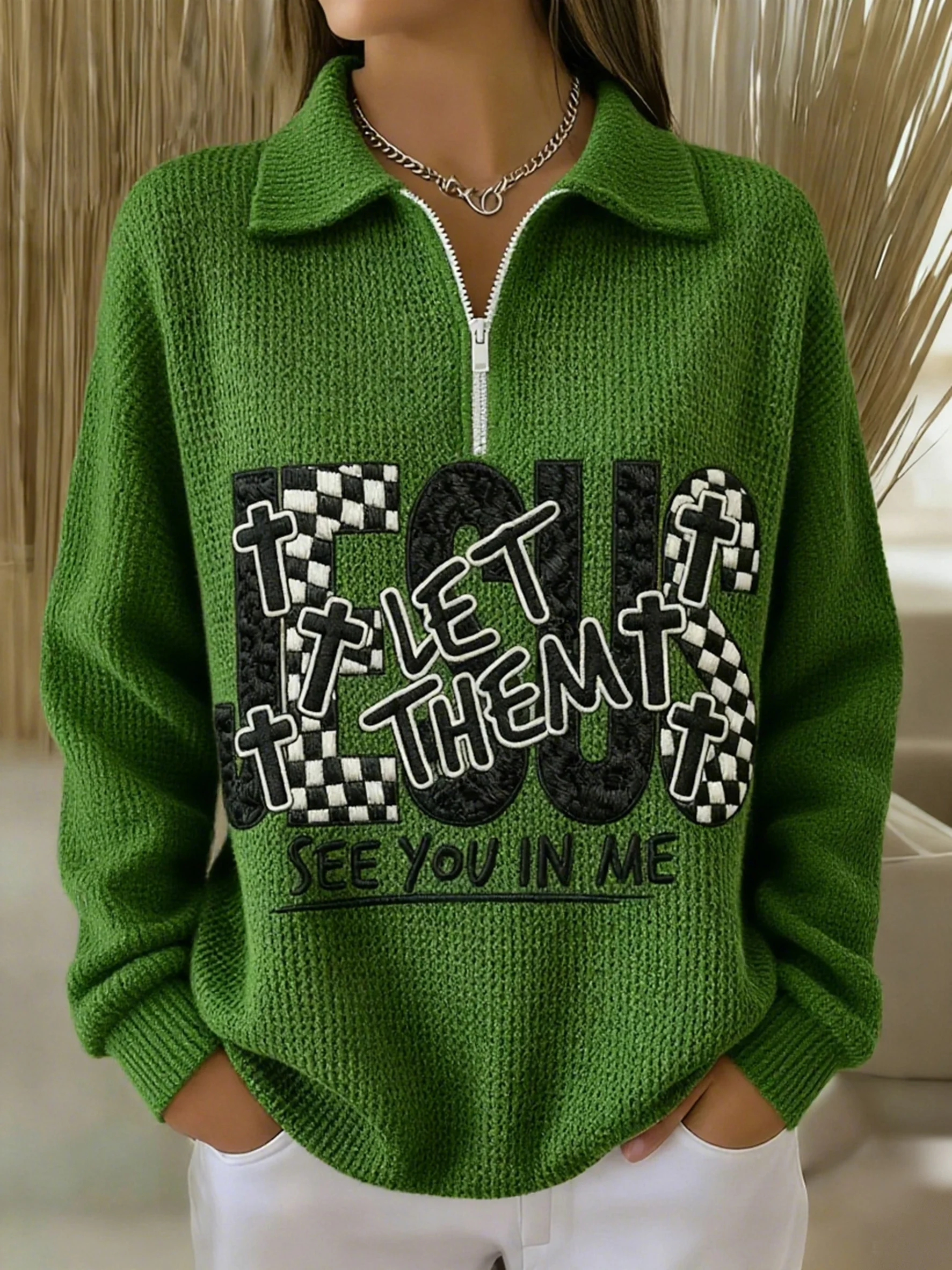 Women's Winter Jesus Print Waffle Lapel Top