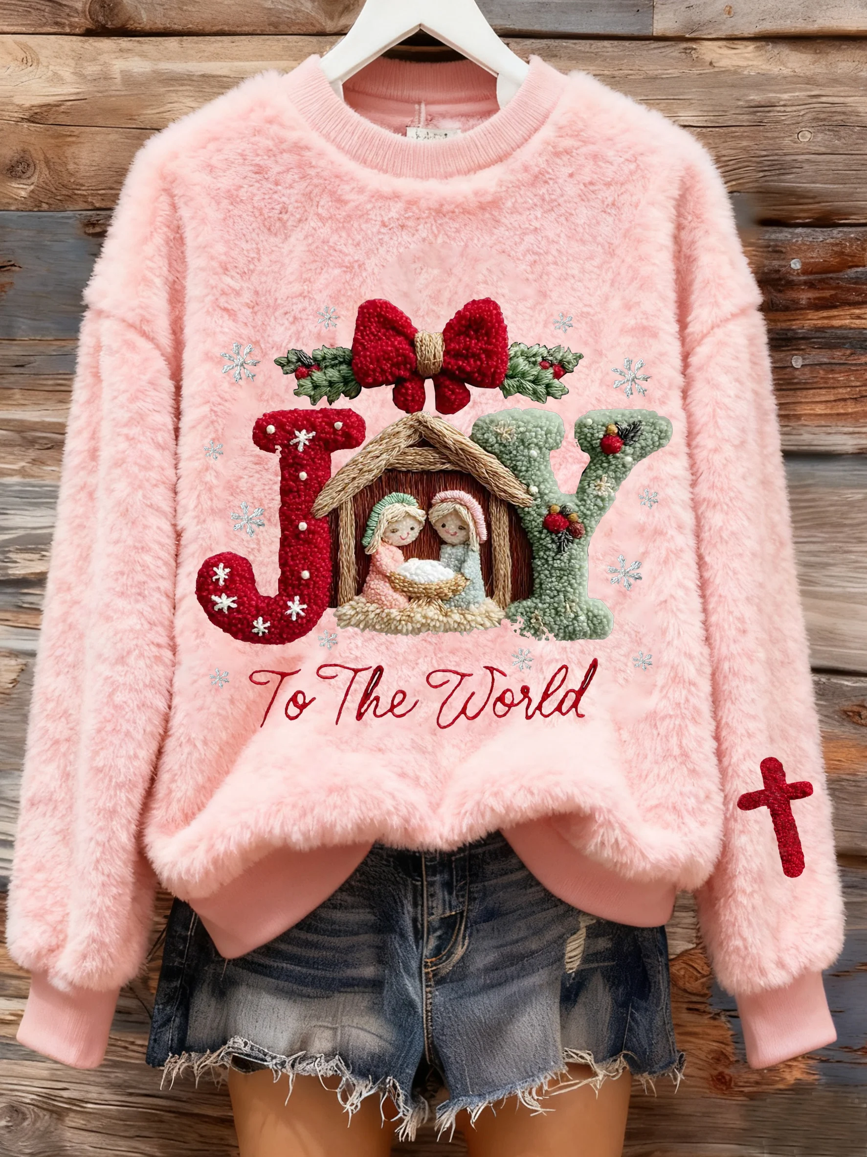 Women's Winter Christmas Cross Nativity Print Flannel Round Neck Fleece Top