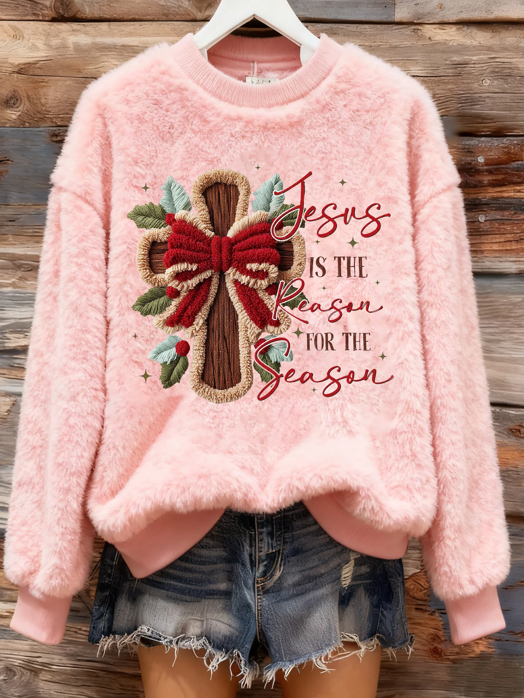 Women's Winter Christmas Cross Print Flannel Crew Neck Furry Top