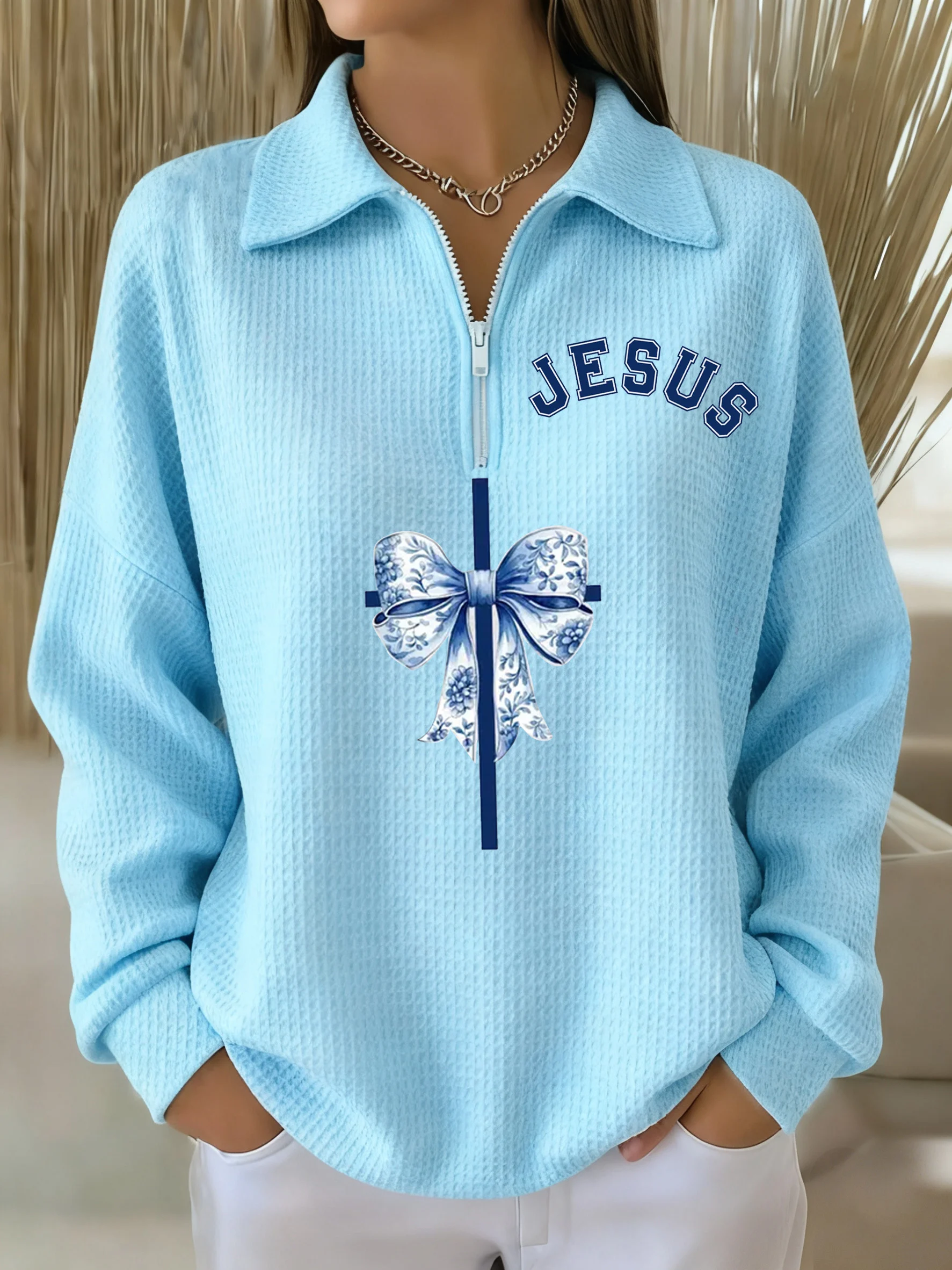 Women's Winter Bow Cross Print Waffle Lapel Top