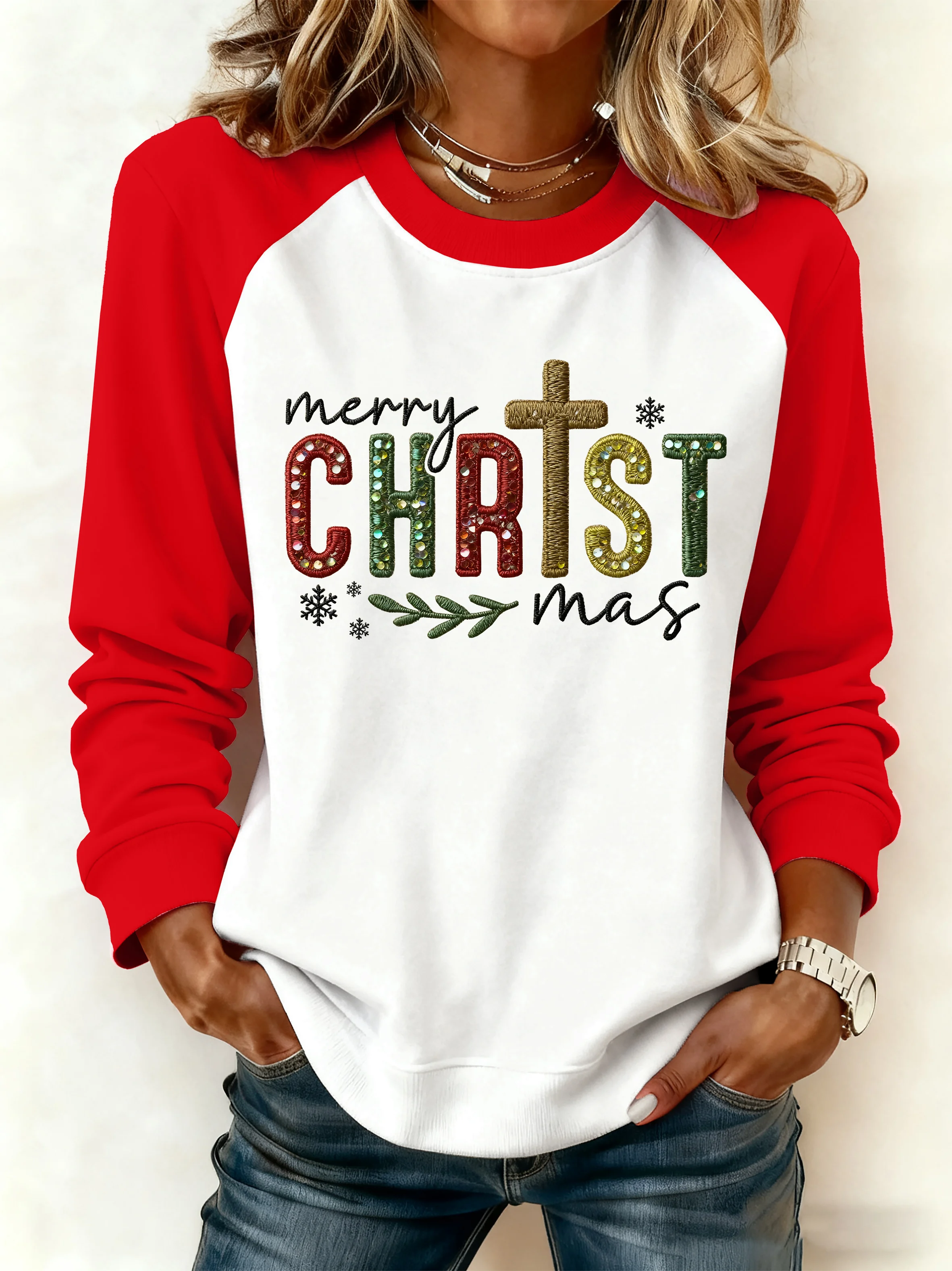 Women's Casual Faith Christmas Contrasting Color Sweatshirt