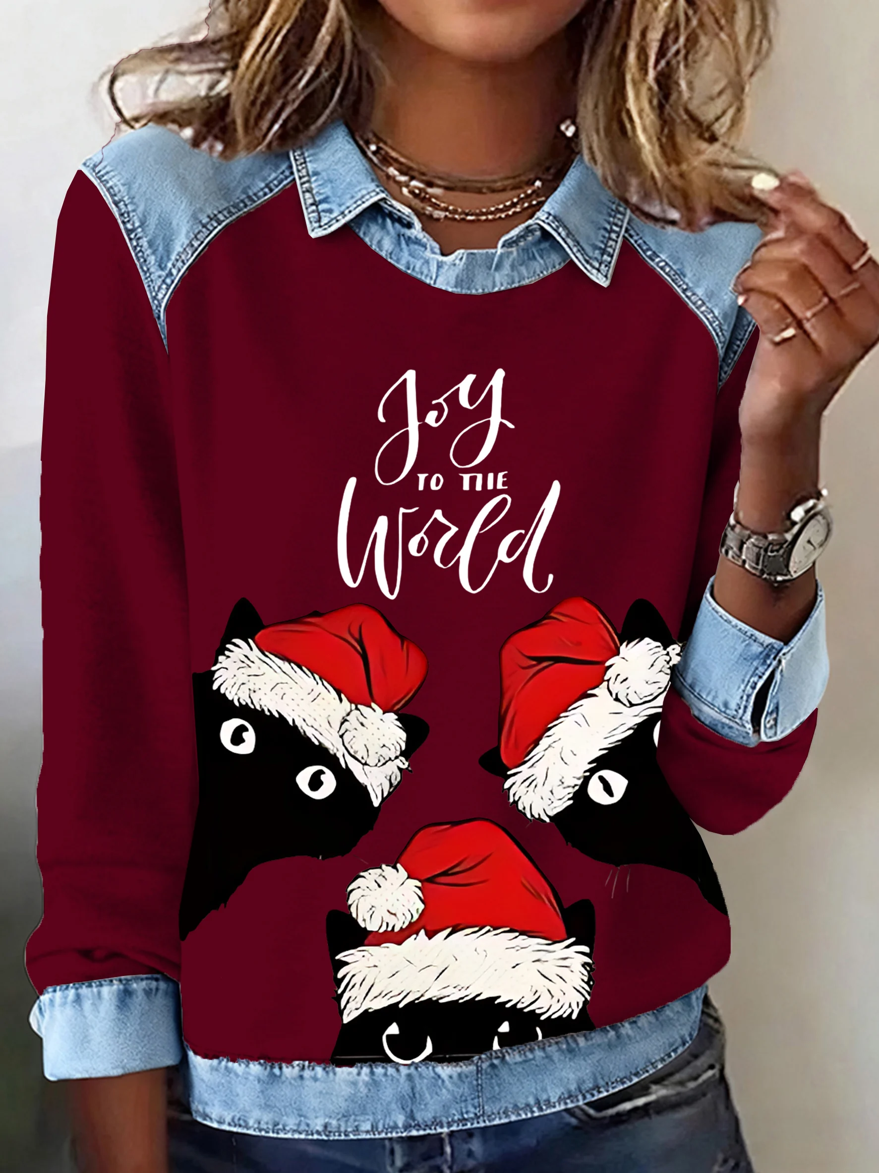 Women's Autumn Christmas Cute Cat Print Casual Top