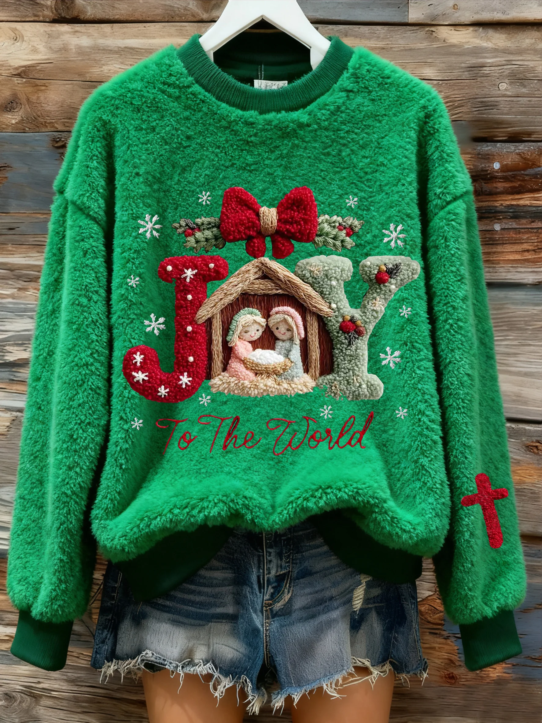 Women's Winter Christmas Cross Nativity Print Flannel Round Neck Fleece Top