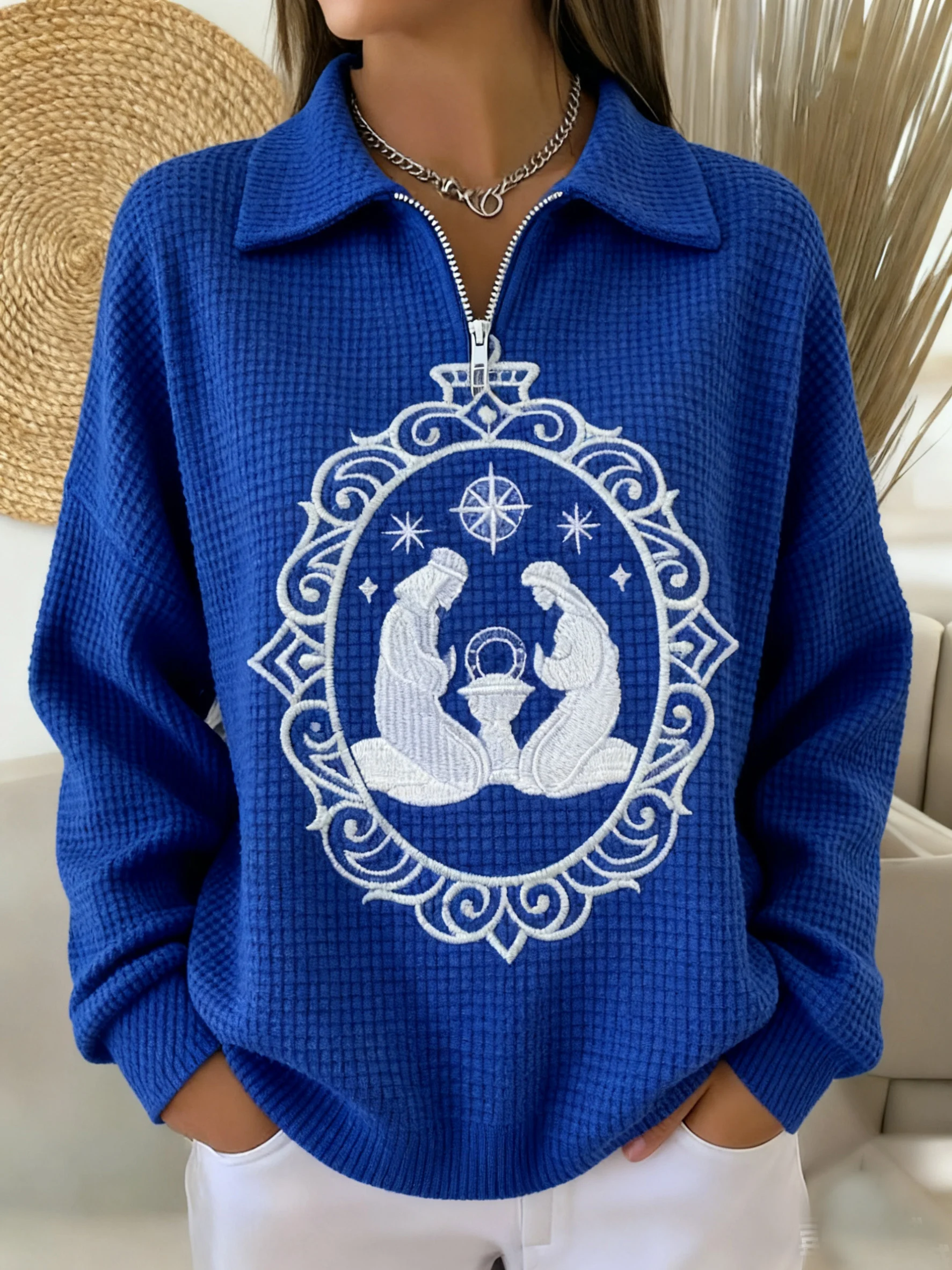 Women's Winter Nativity Print Waffle Lapel Top