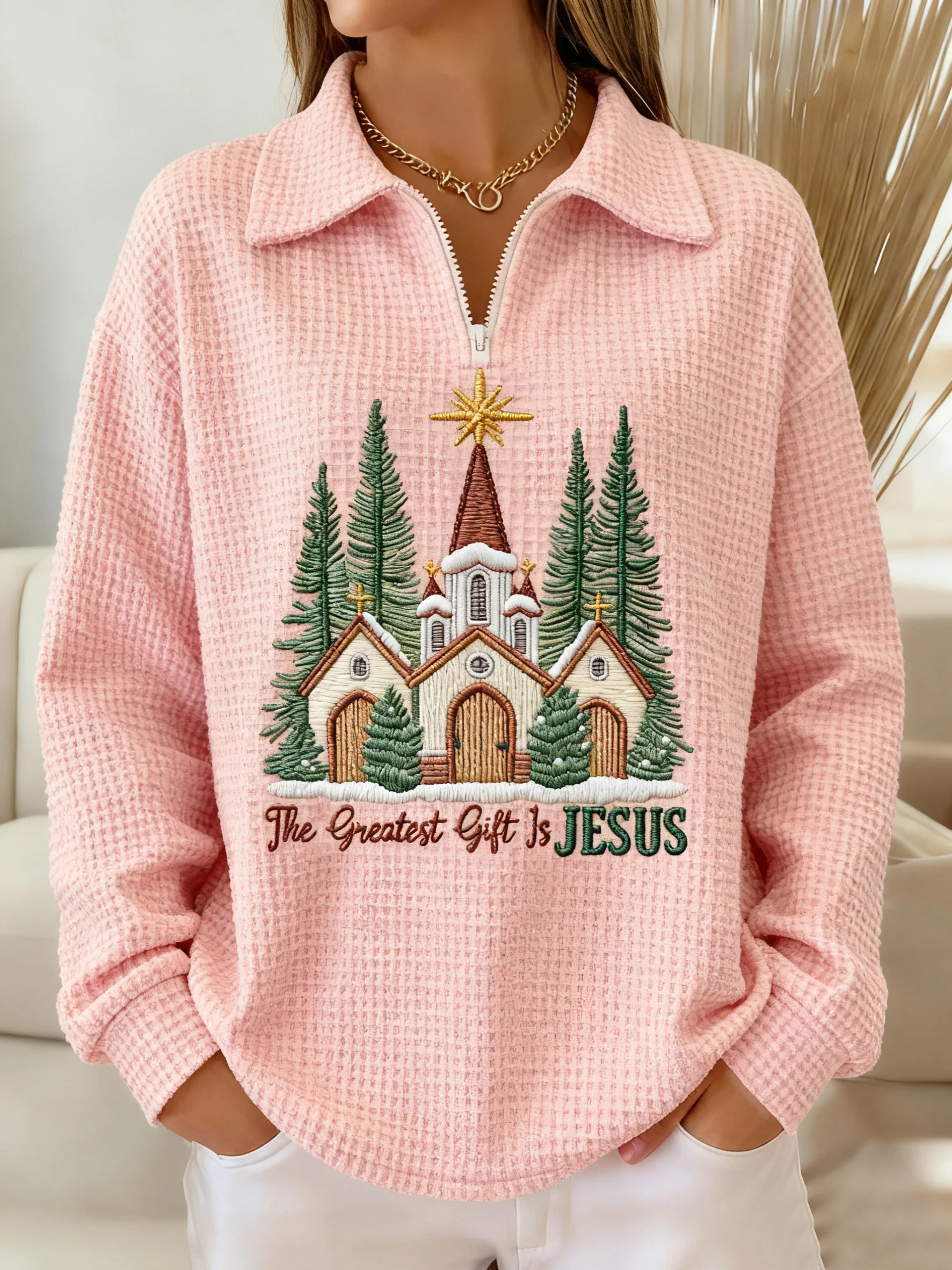 Women's Winter Jesus Print Waffle Lapel Top