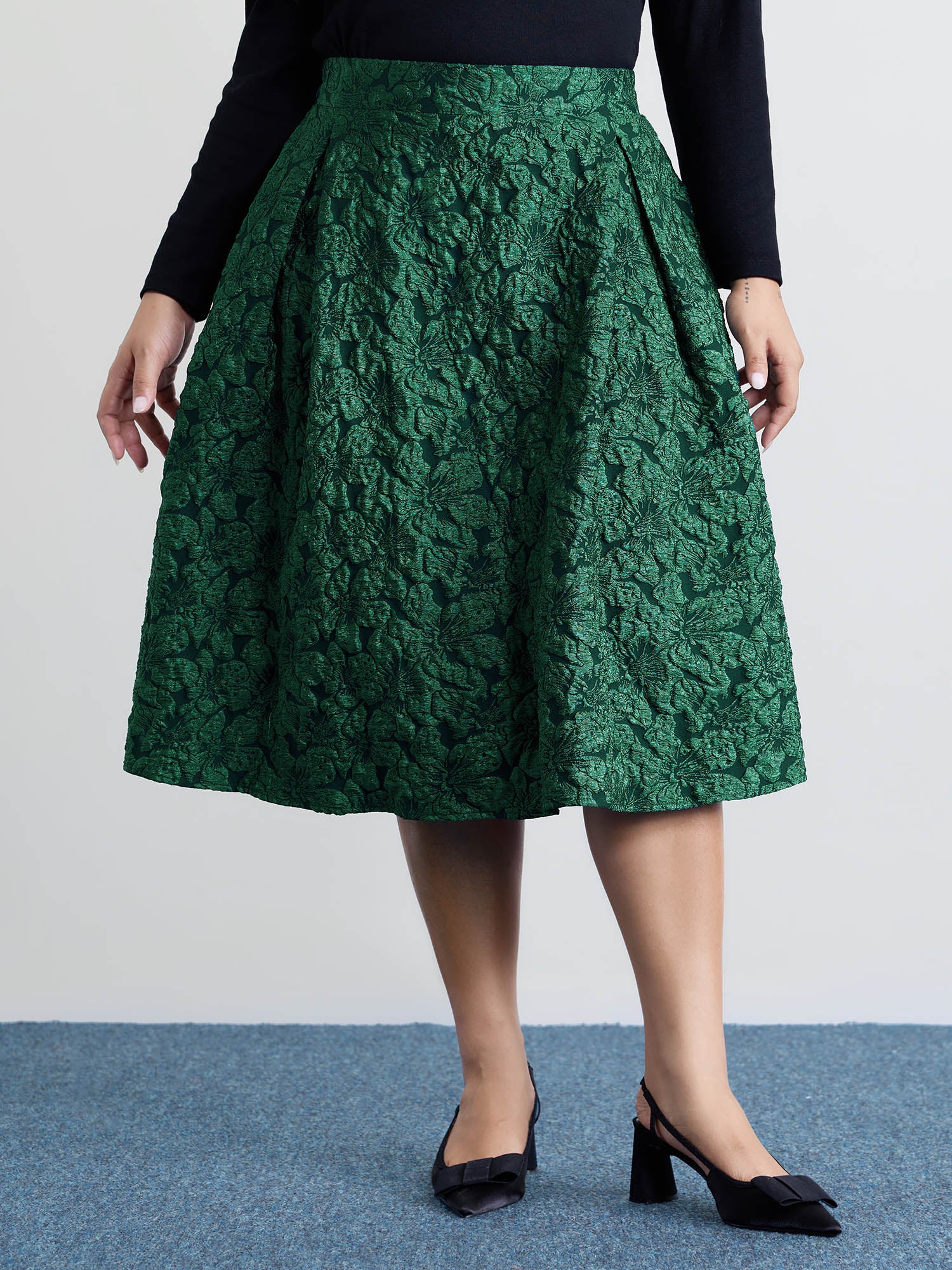 Floral Jacquard Pleated Midi Skirt
