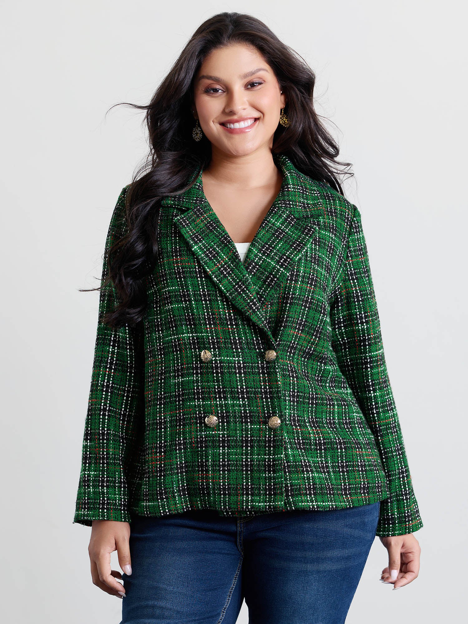 Tweed Plaid Double Button Jacket