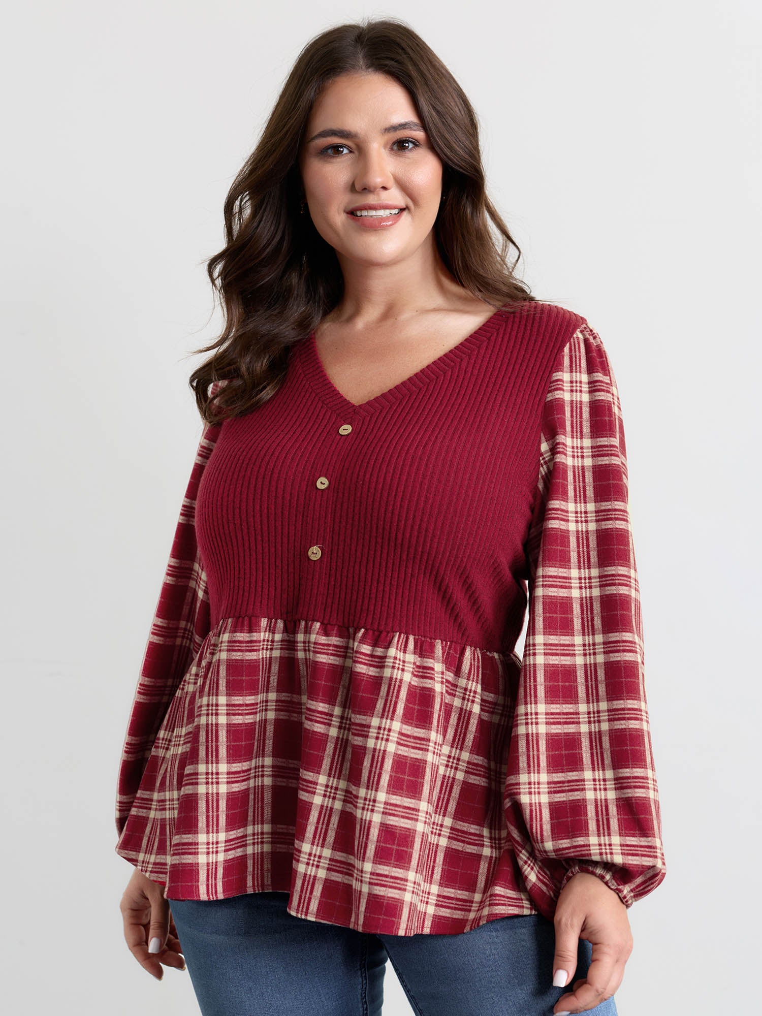 Plaid Layered Color Contrast Blouse