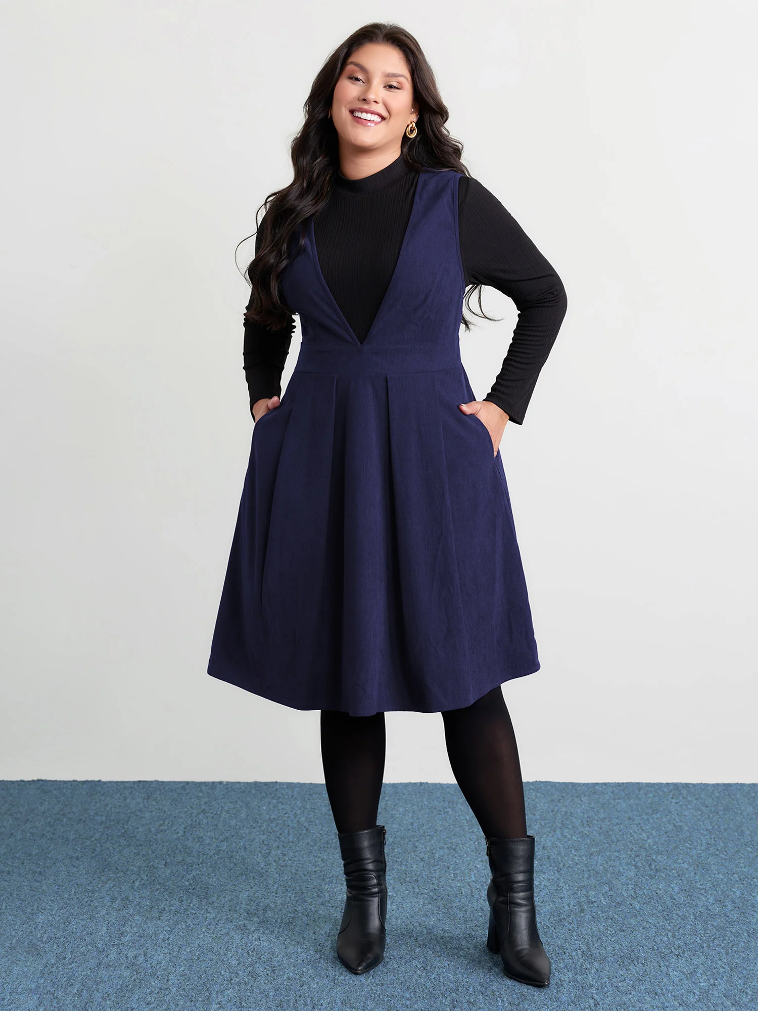 Corduroy Stretchy Waist V-Neck Midi Dress