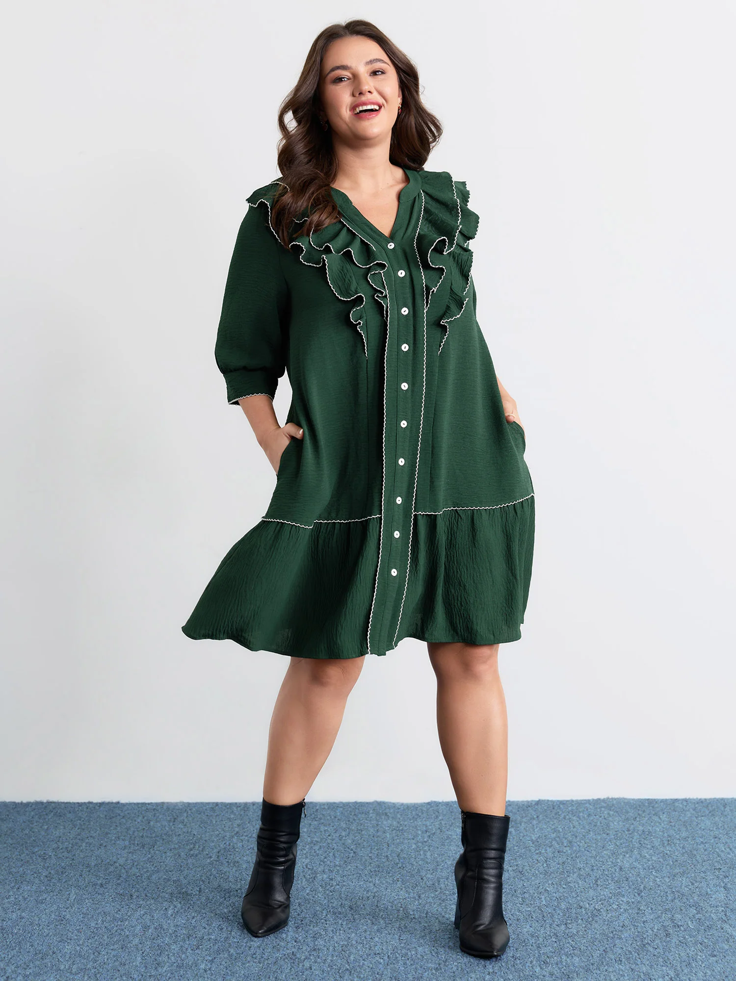 Ruffled Neck Tiered Button Knee-Length Dress