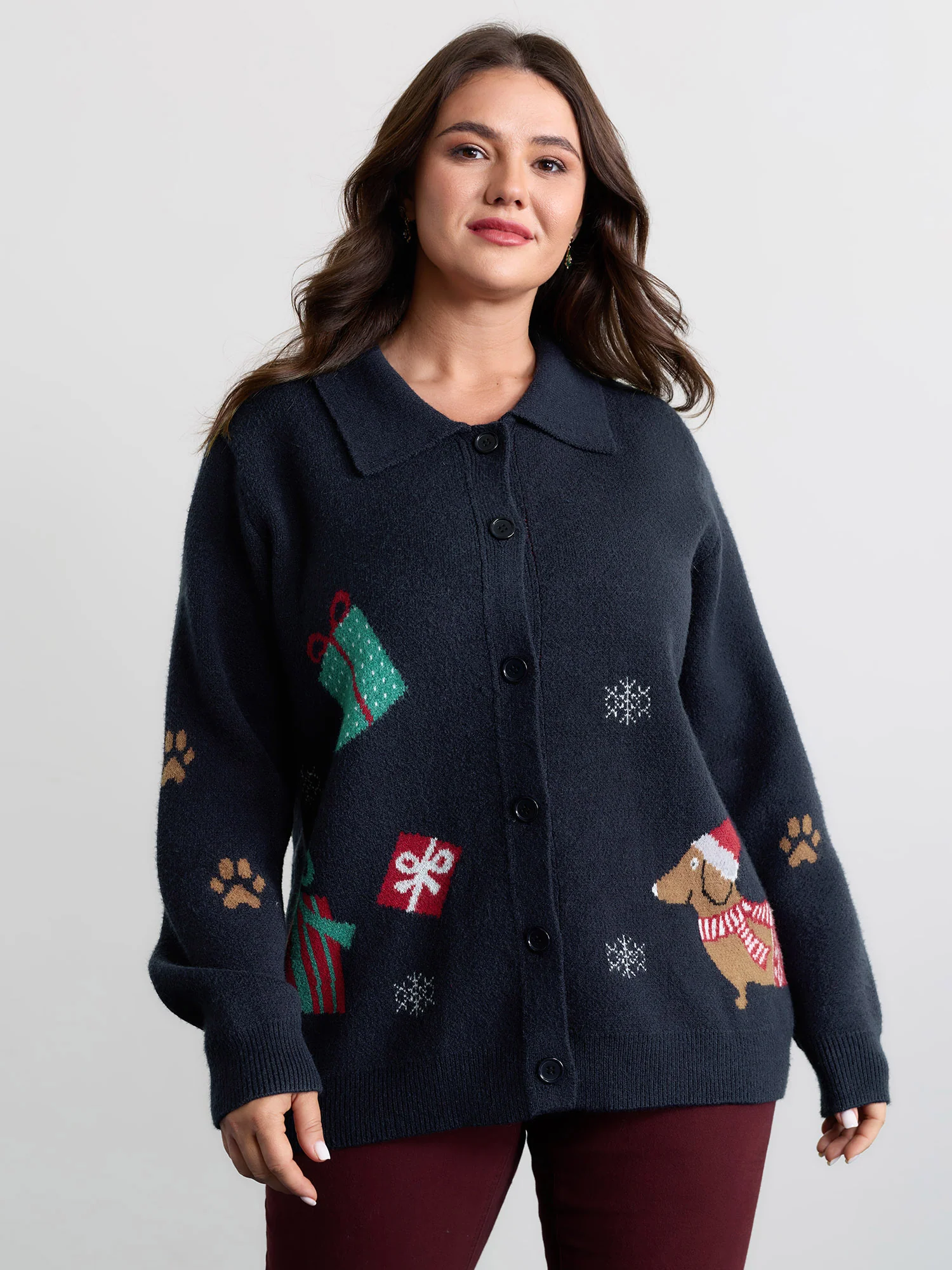 Holiday Pattern Collar Button Knit Cardigan