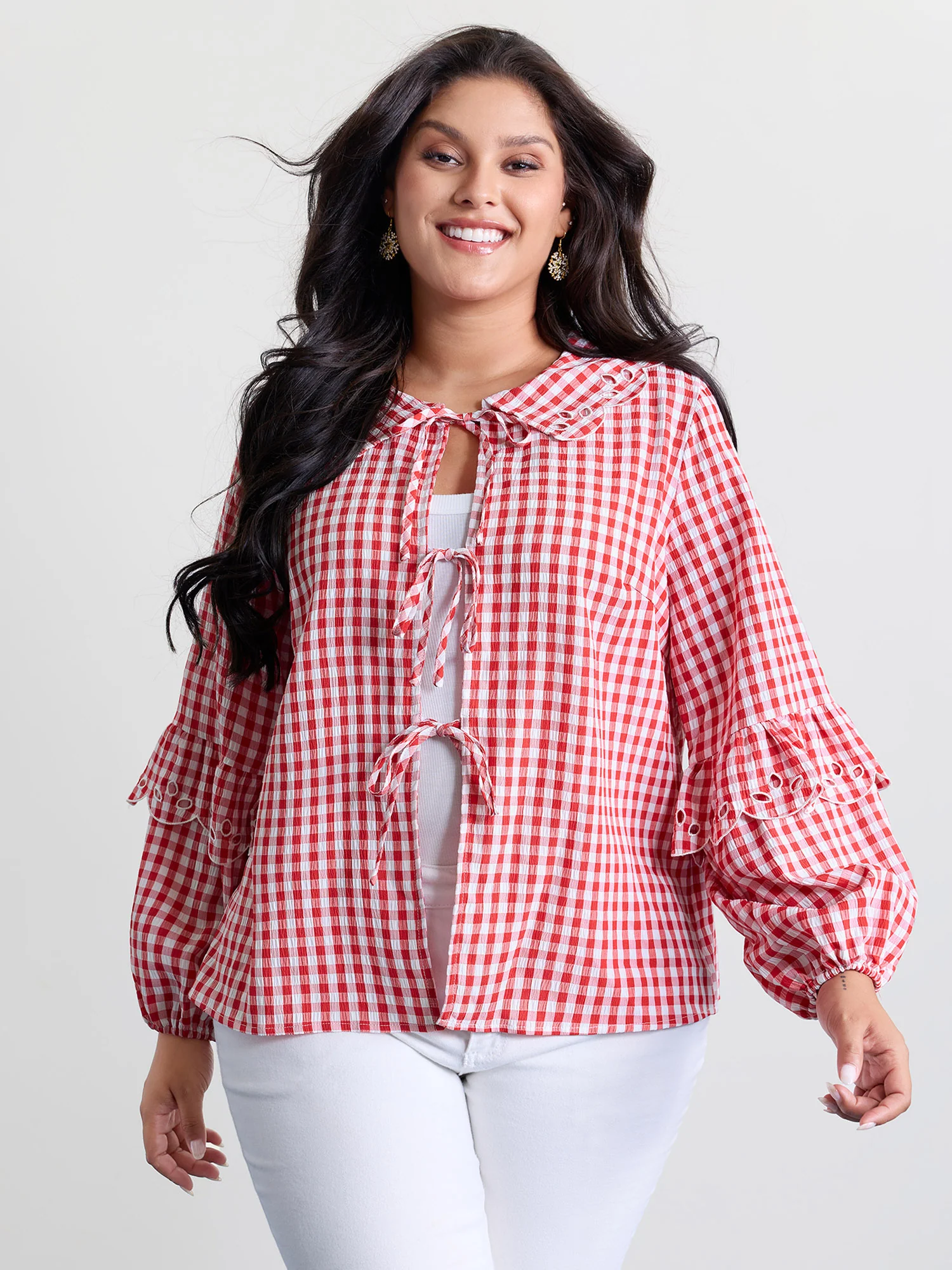 Gingham Embroidered Bow Tie Open-Front Shirt