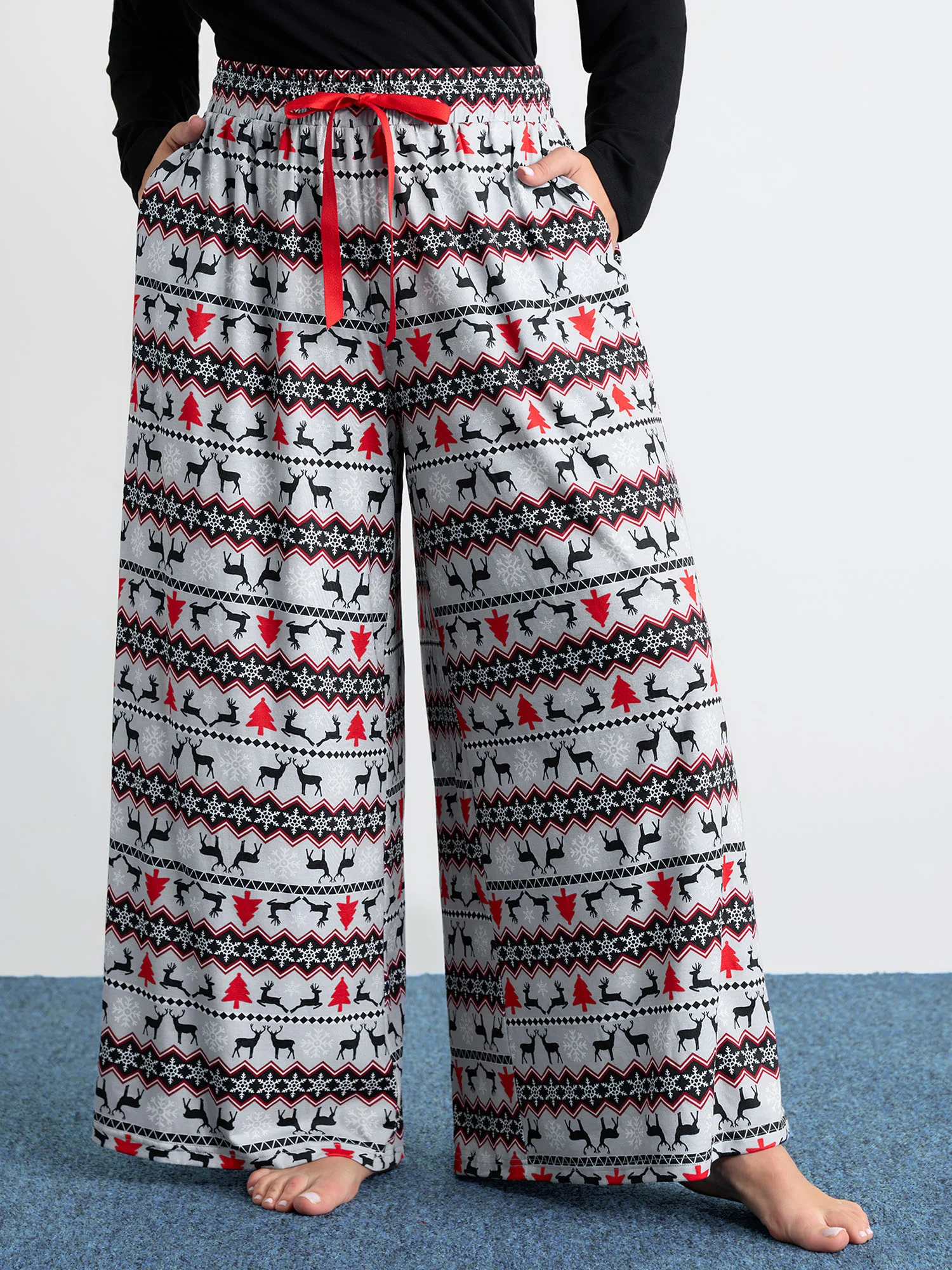 Festive Print Color Contrast Drawstring Lounge Bottoms