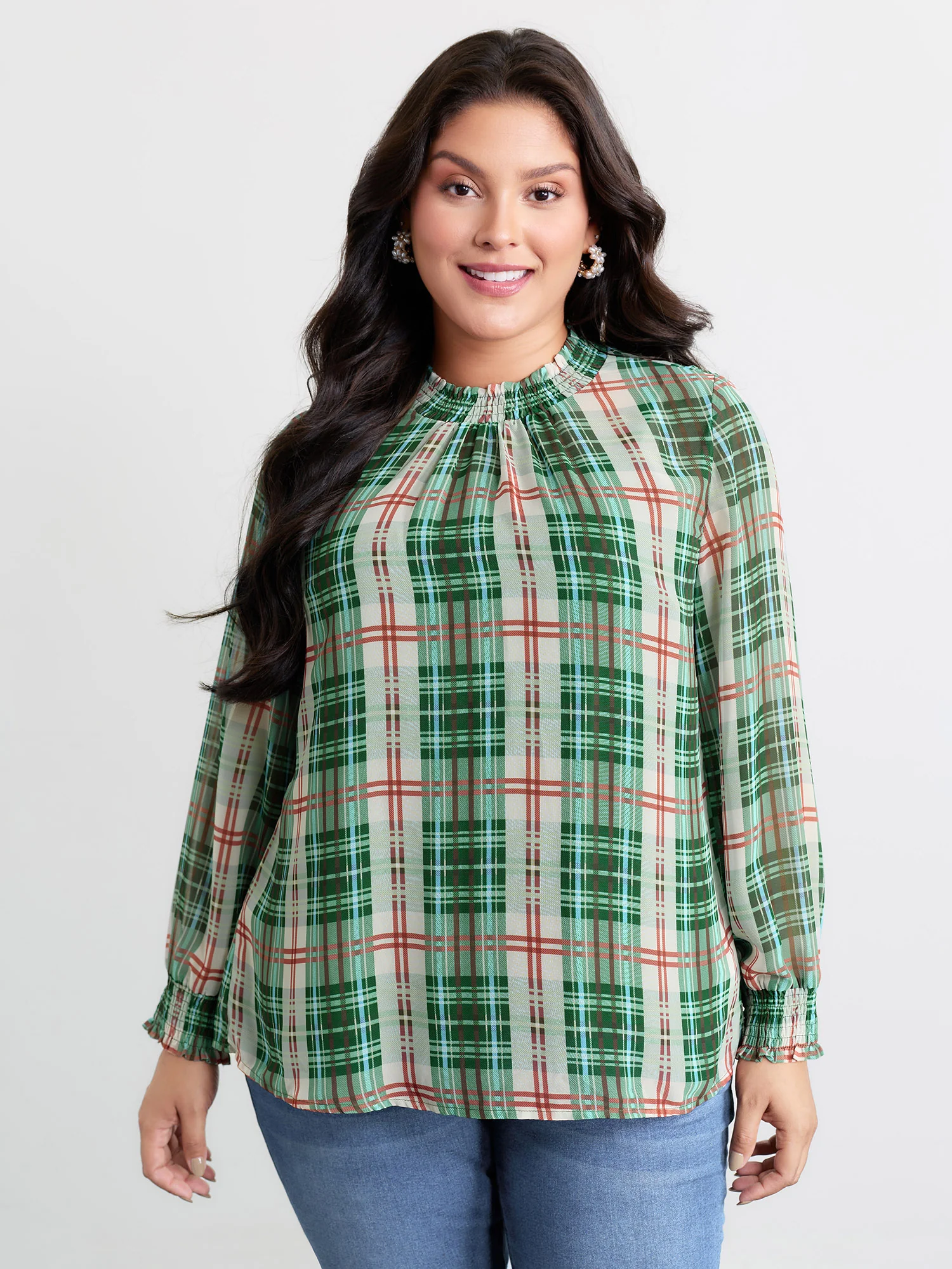 Gingham Chiffon Shirred Blouse