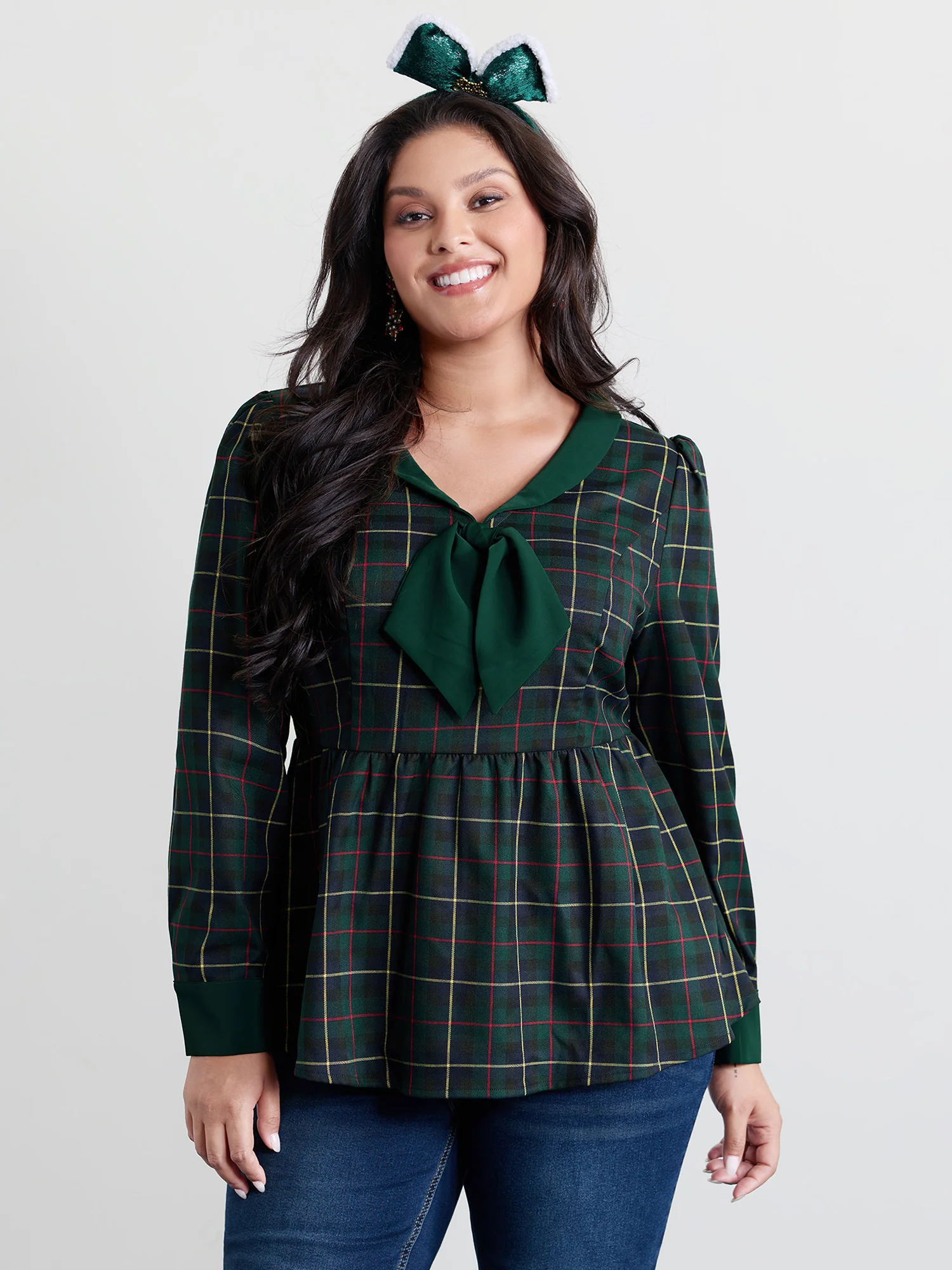 Check Pattern Lapel Tie Blouse