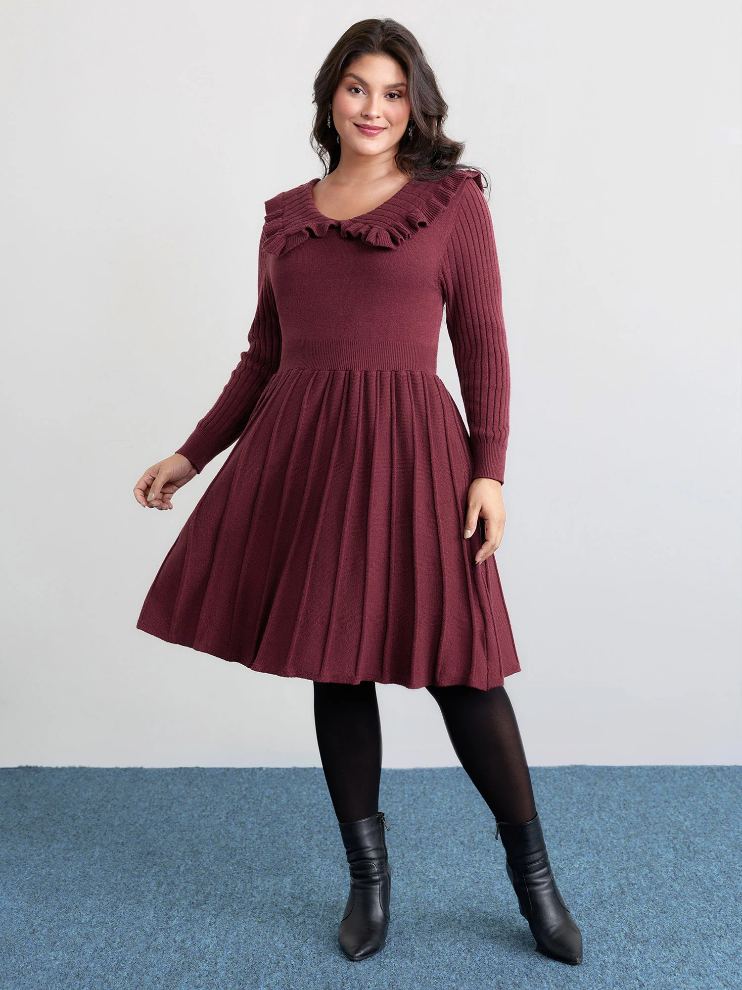 Supersoft Ruffled Neckline Cinched-Waist Sweater Dress