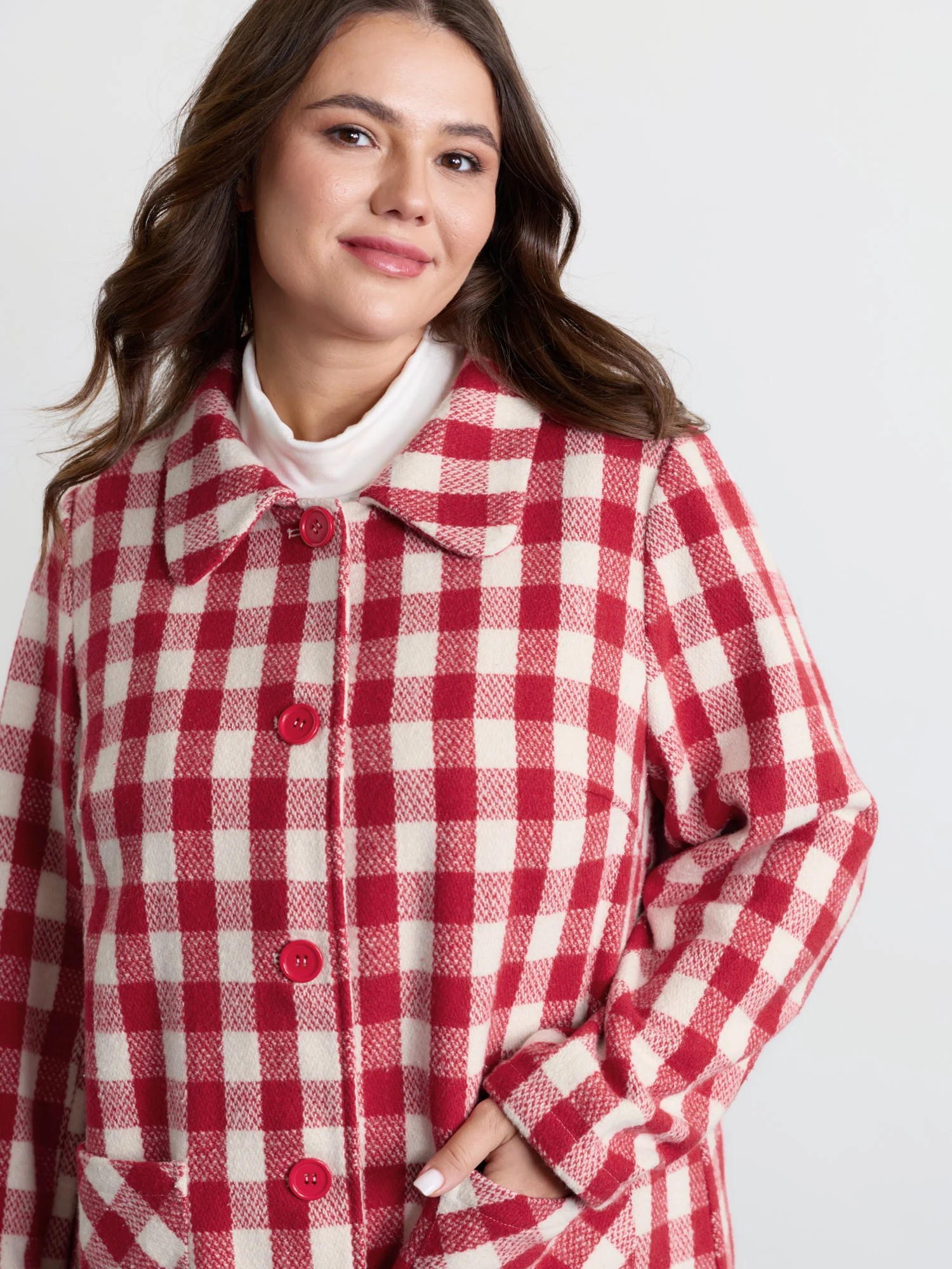 Gingham Doll Collar Pockets Coat