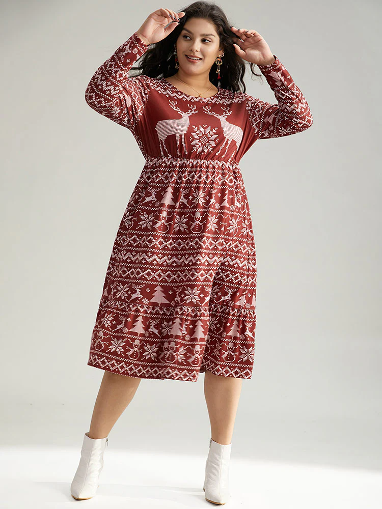 Christmas Elk Gathered Ruffle Layered Hem Dress