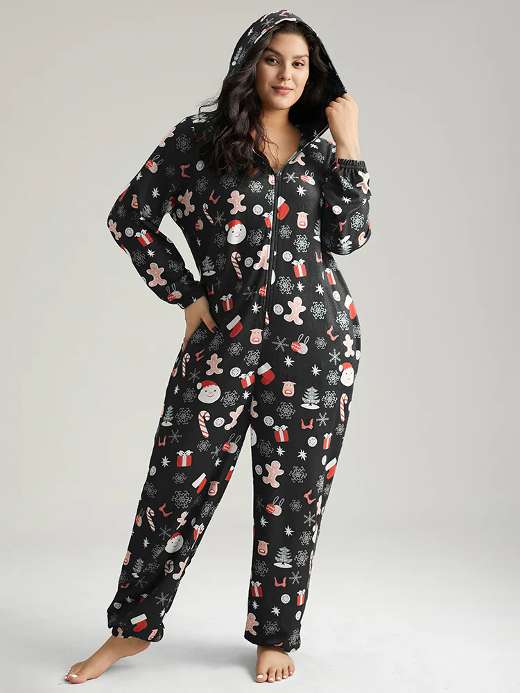 Christmas Graphic Hooded Pocket Sleep Jumpsuit