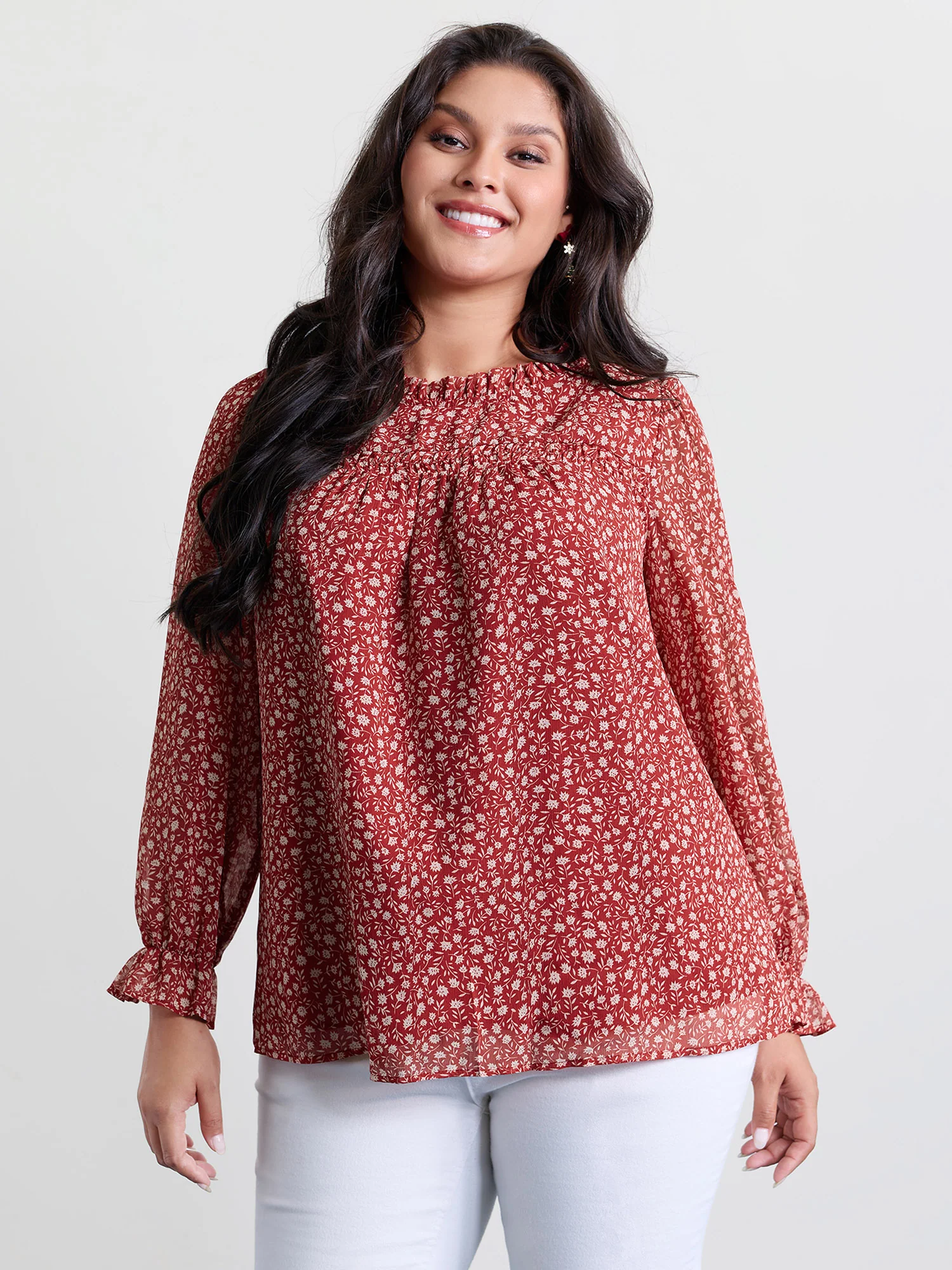Chiffon Silhouette Flower Ruffled Neck Blouse